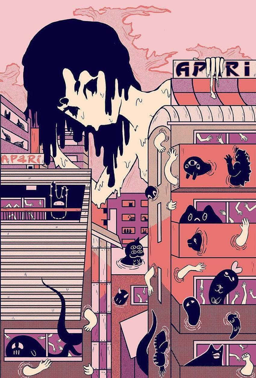 surreal cityscape, melting humanoid figure, black goo, SD Phone Wallpaper