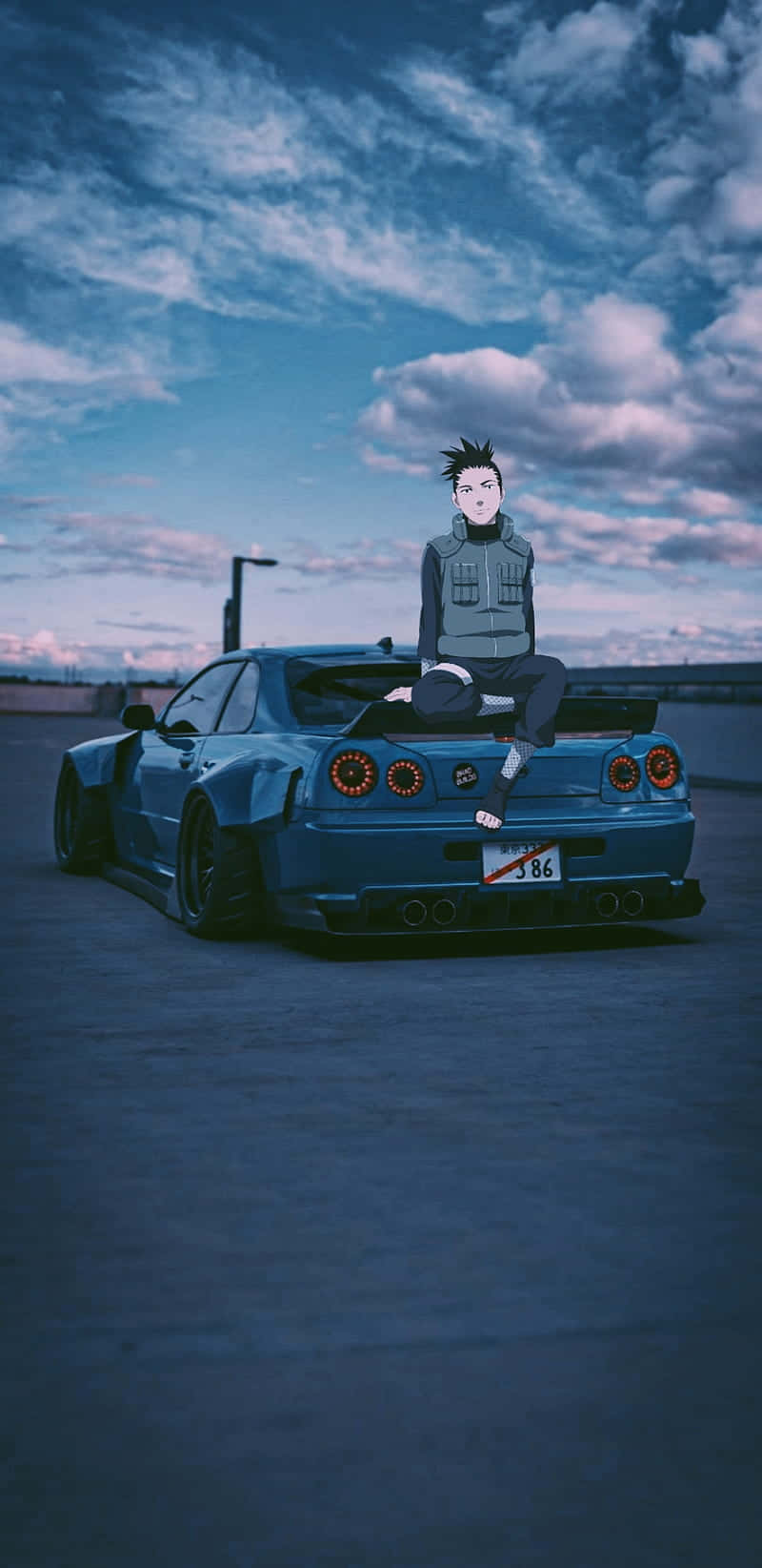anime character, blue modified sports car, cloudy twilight sky, HD Phone Wallpaper