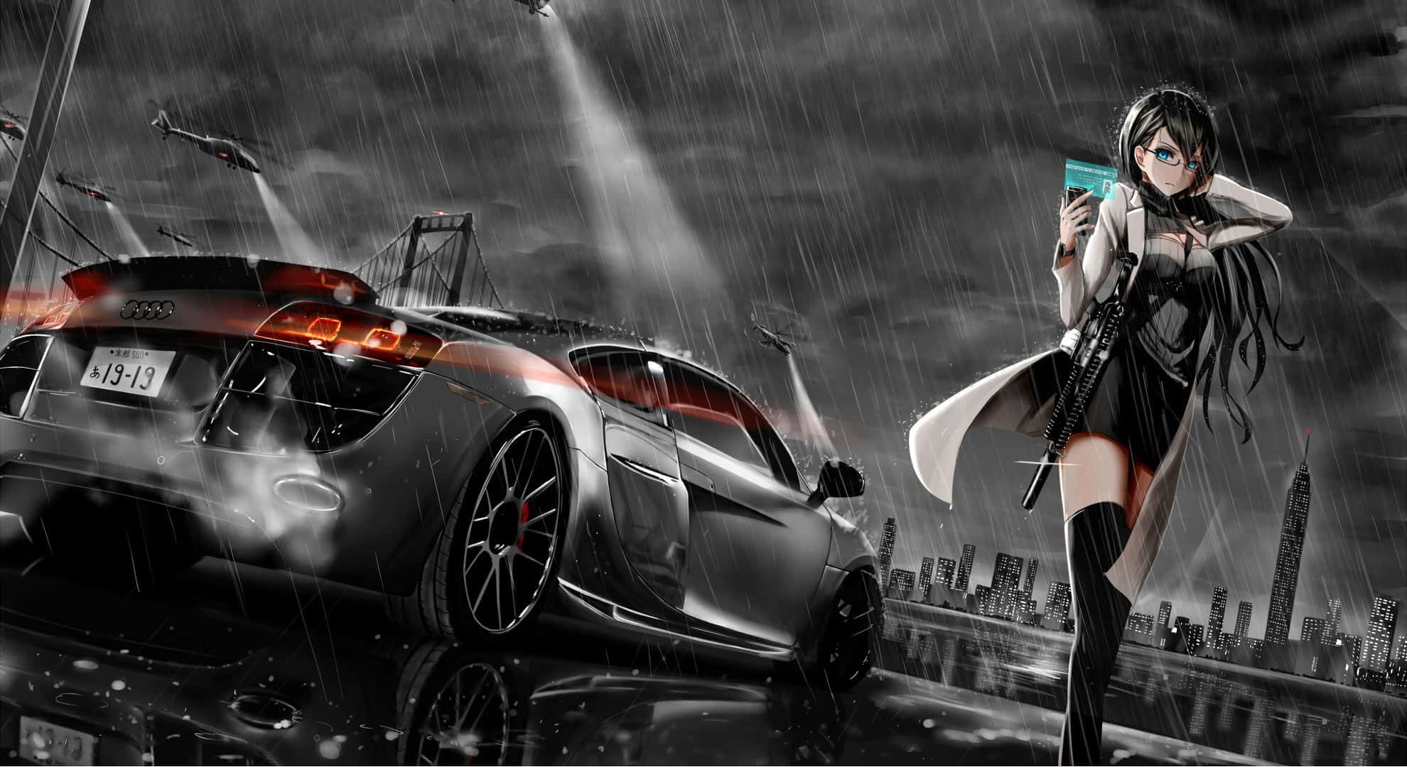 anime girl, rifle, sleek silver sports car, Full HD Desktop Wallpaper
