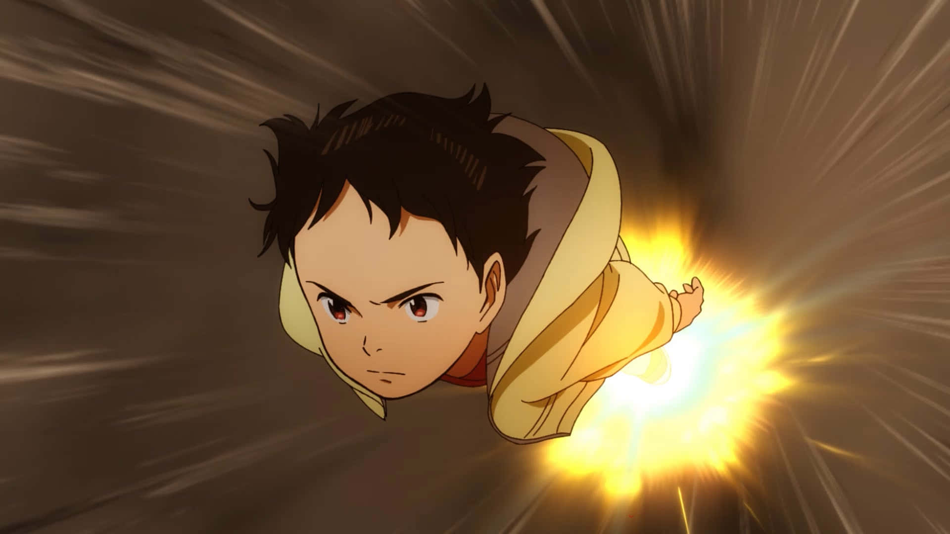 anime boy, yellow hoodie, glowing energy, Full HD Desktop Wallpaper