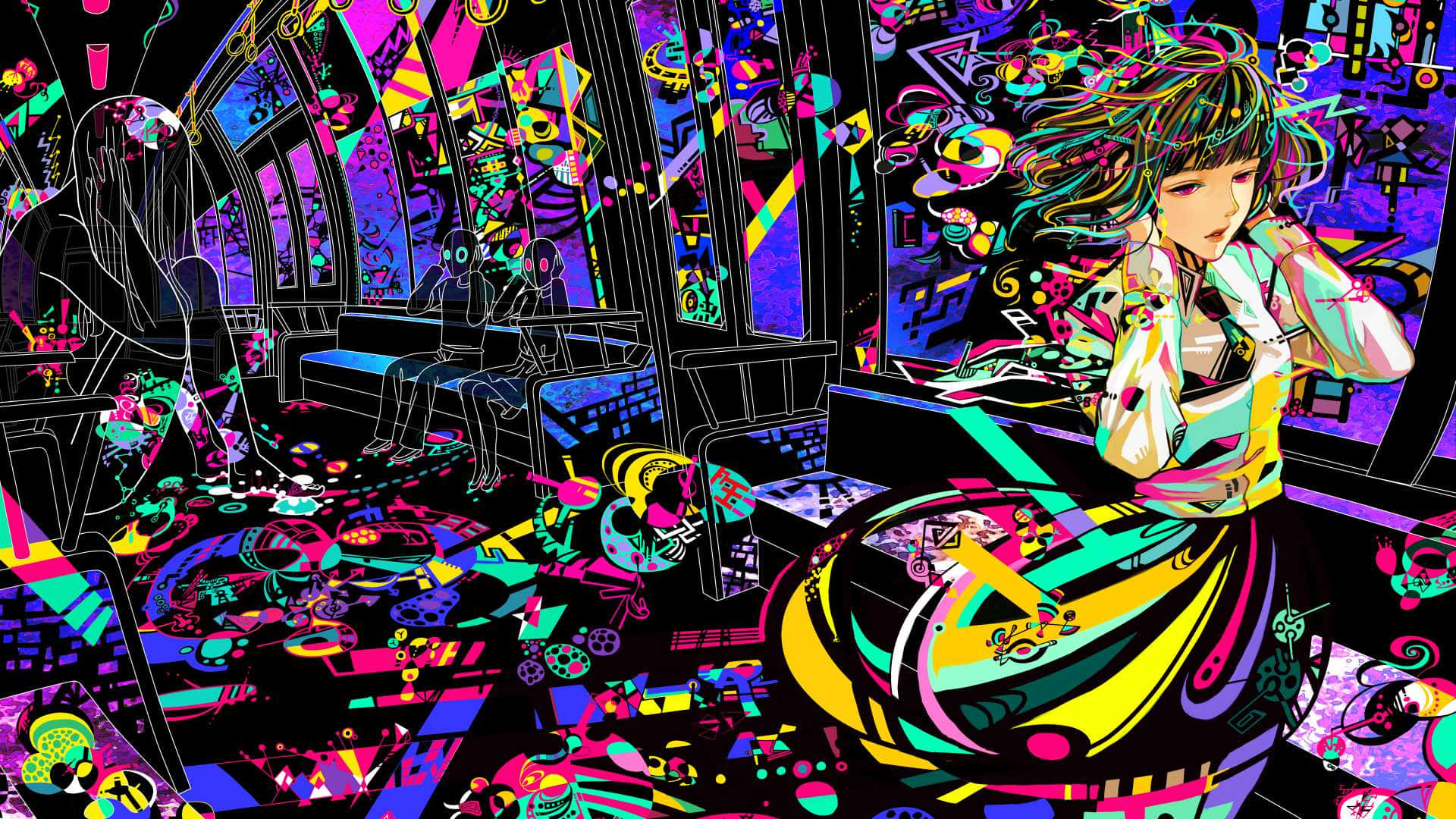 psychedelic anime piano room, anime girl, neon hair, Full HD Desktop Wallpaper