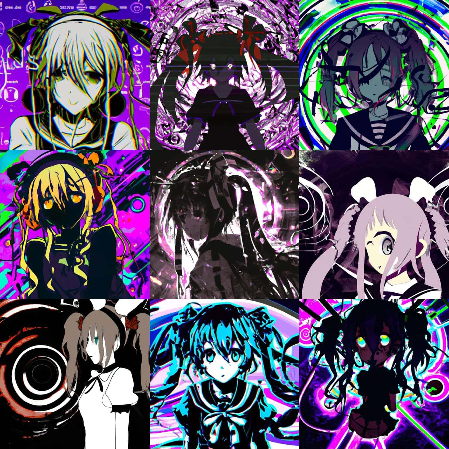 Psychedelic Anime Collage, glowing eyes, neon backgrounds, HD Desktop Wallpaper