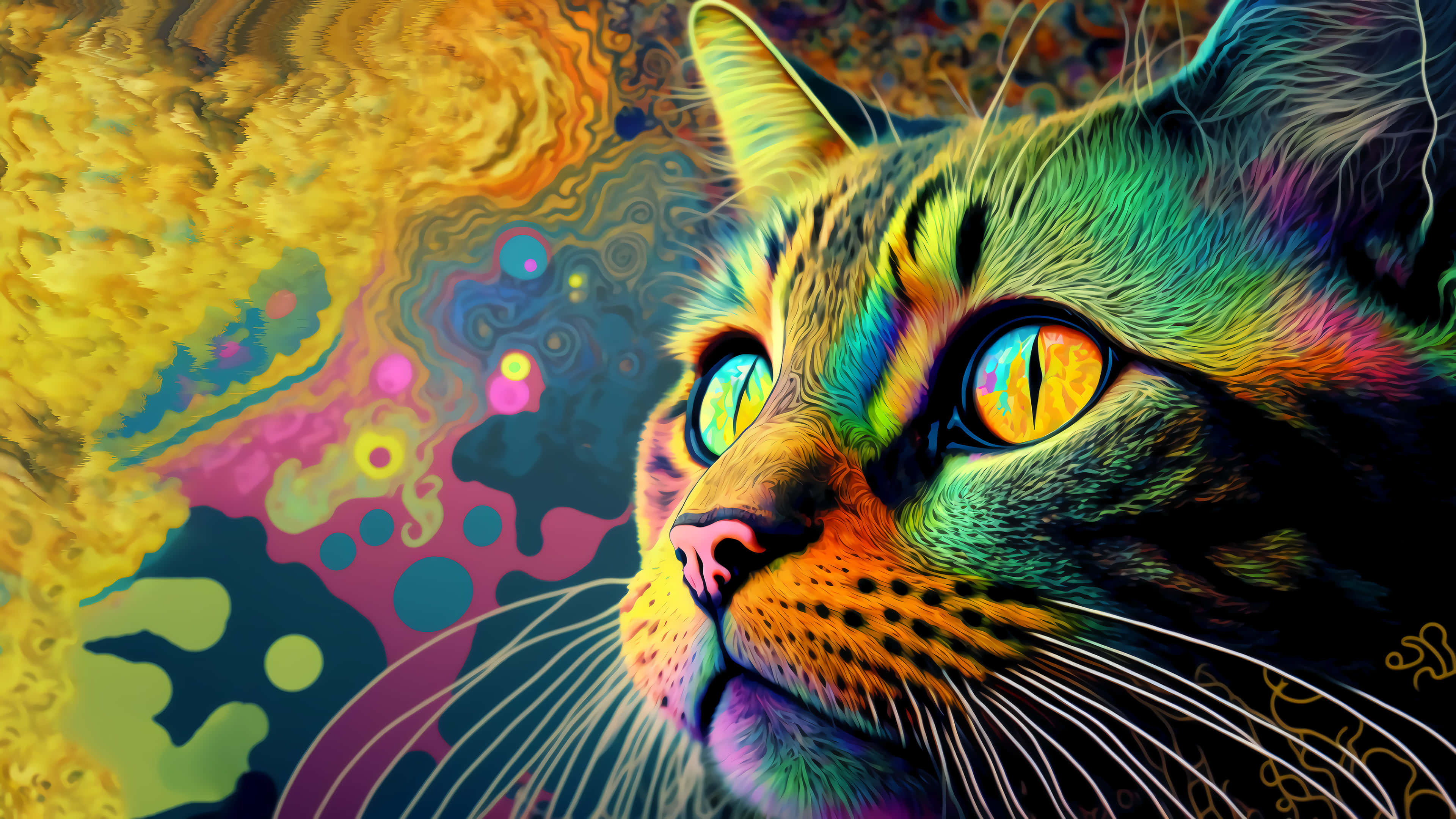rainbow fur, glowing eyes, psychedelic swirling background, 4K Desktop Wallpaper