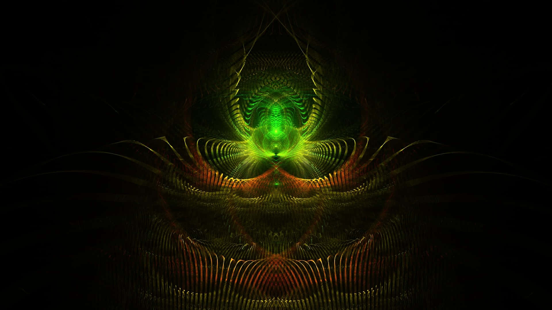 fractal tunnel, glowing green, orange ribbons, Full HD Desktop Wallpaper