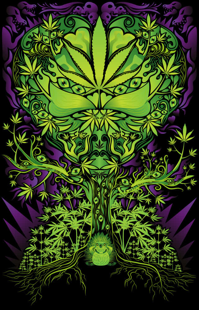 neon green, cannabis tree, glowing leaves, SD Phone Wallpaper