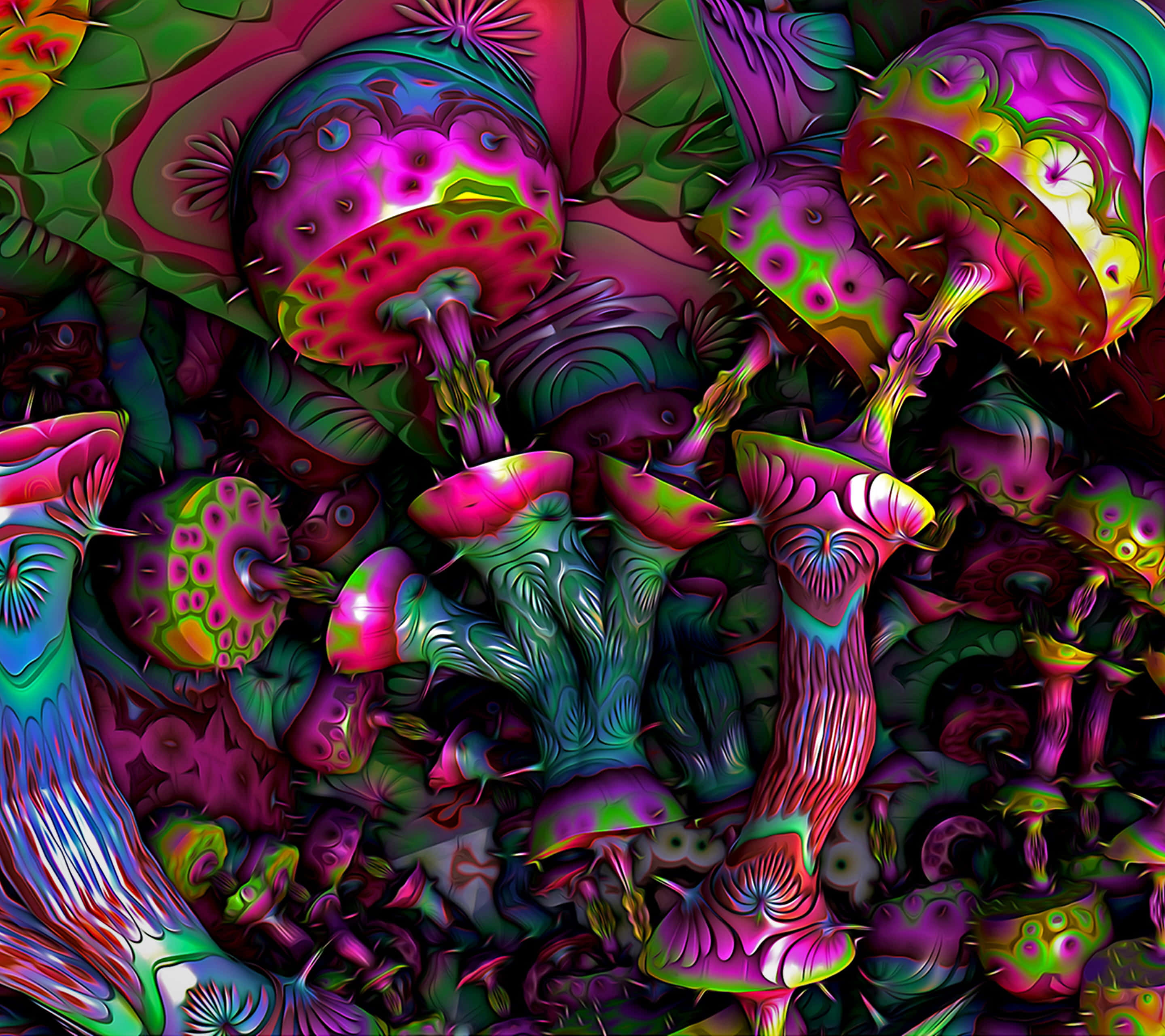 psychedelic mushrooms, glowing caps, spiky stems, 2K Desktop Wallpaper
