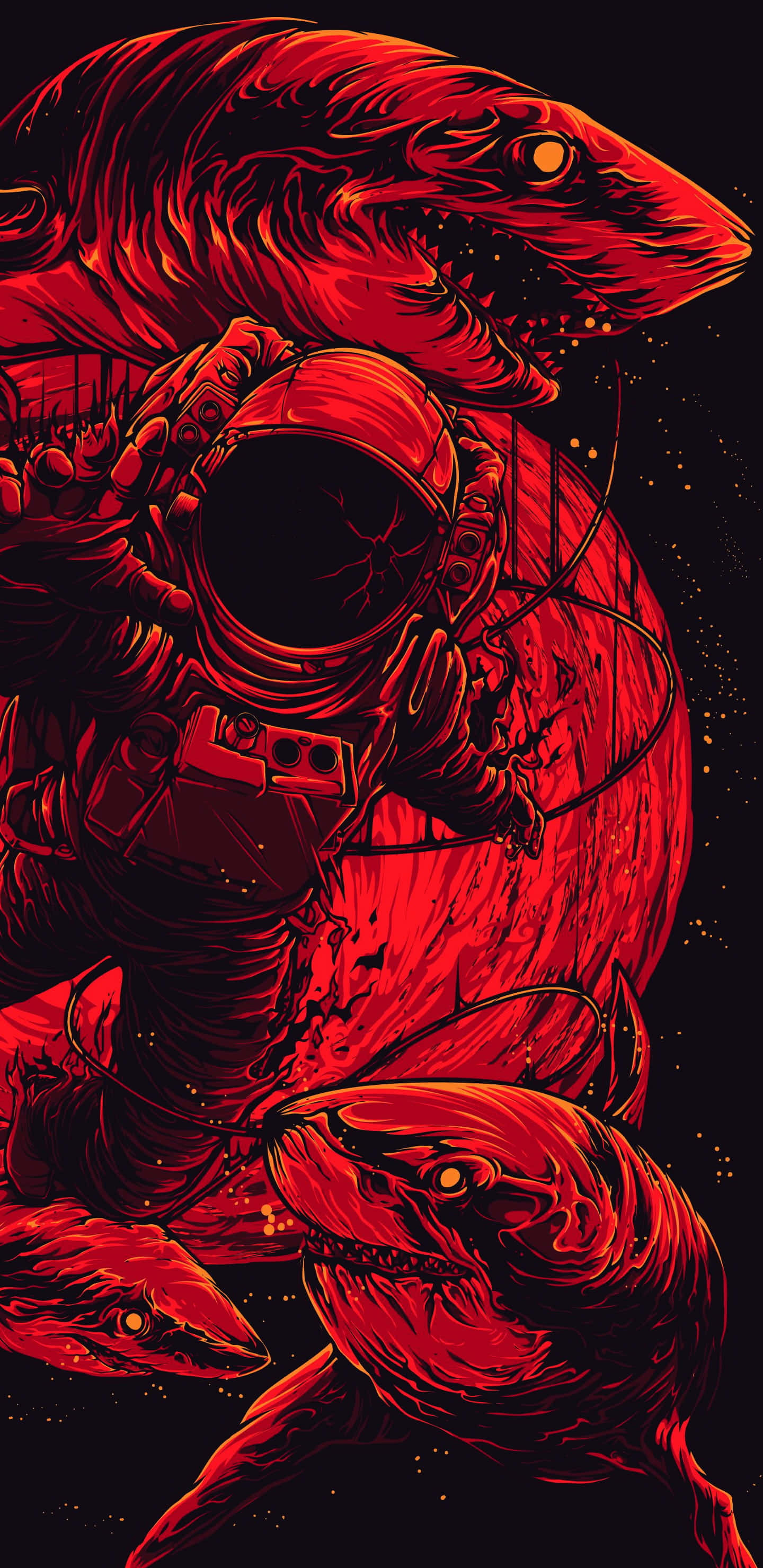 red-hued astronaut, menacing sharks with glowing eyes, starry void, 2K Phone Wallpaper