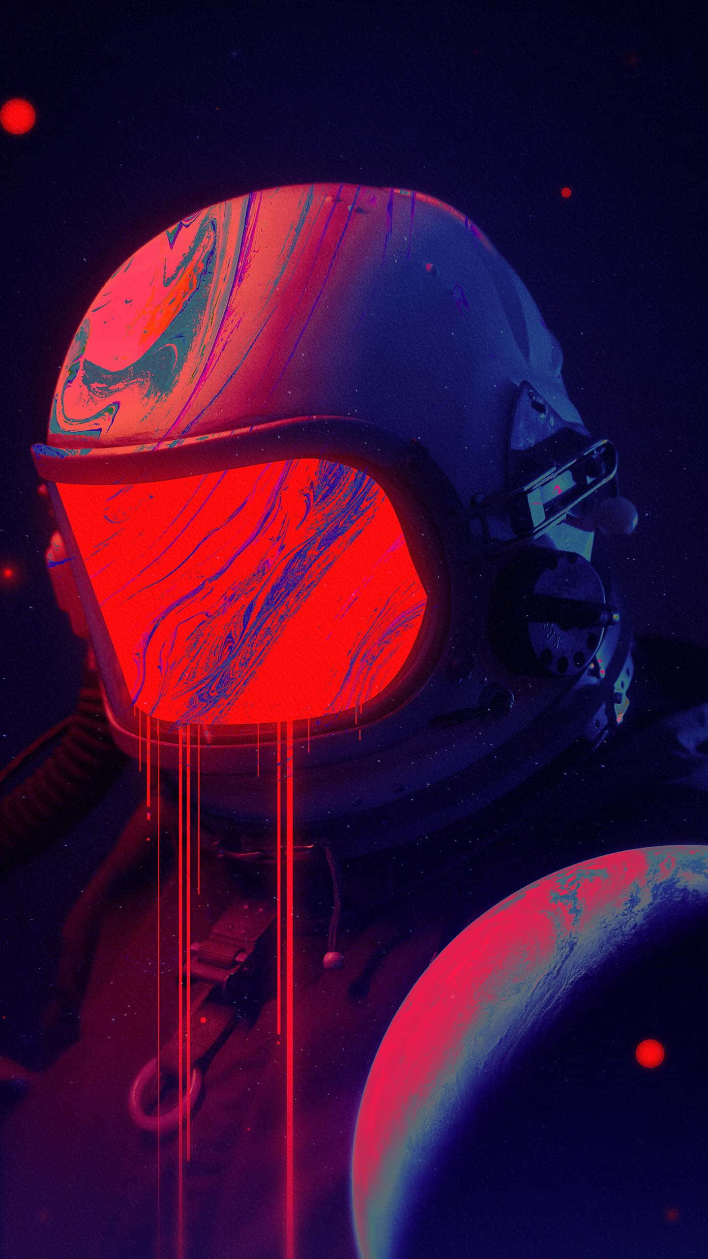 futuristic astronaut helmet, glowing red visor, swirling cosmic colors, 2K Phone Wallpaper