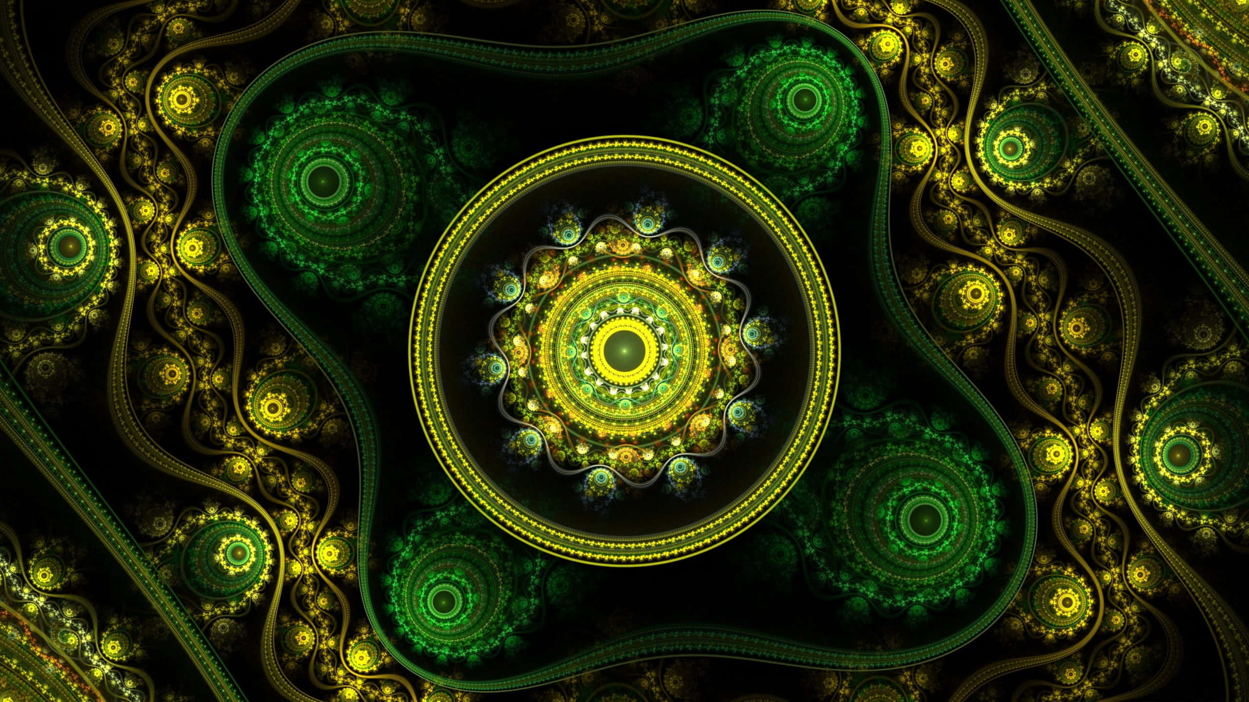 fractal artwork, glowing green, gold concentric circles, 2K Desktop Wallpaper