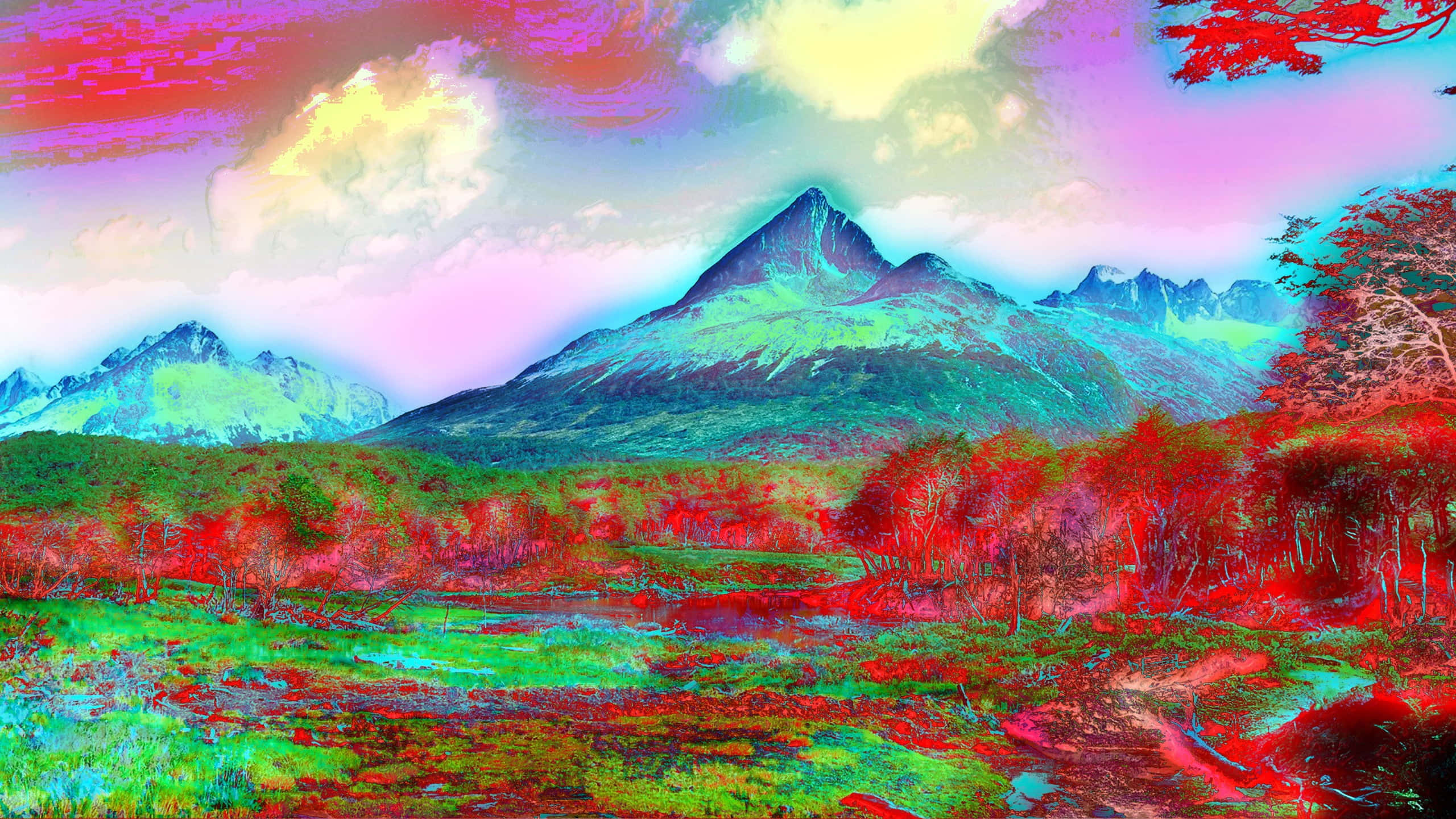 Trippy Sky, neon red trees, glowing green peaks, 2K Desktop Wallpaper