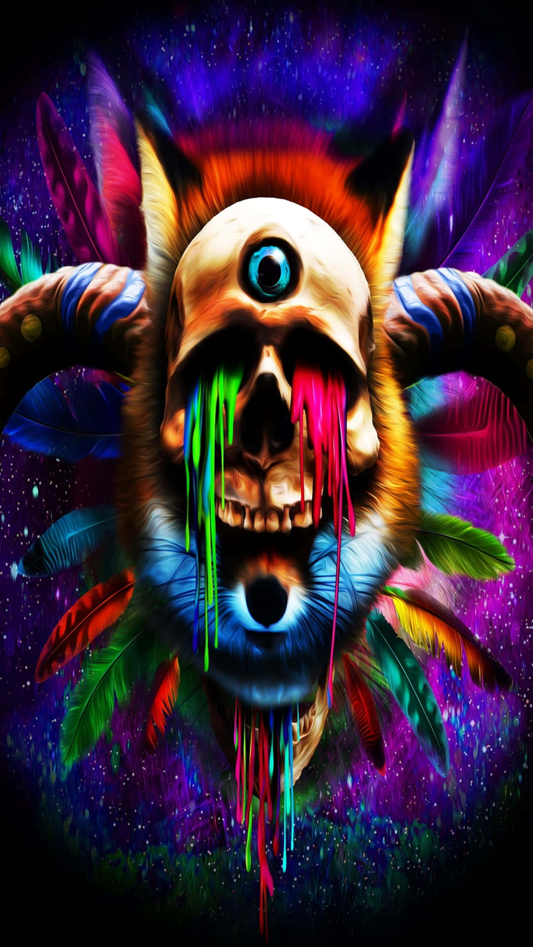 psychedelic skull, glowing eyes, dripping neon paint, Full HD Phone Wallpaper