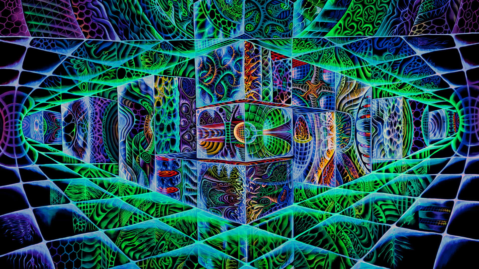 rainbow-colored abstract artwork, neon fractal patterns, geometric tunnel of cubes, Full HD Desktop Wallpaper