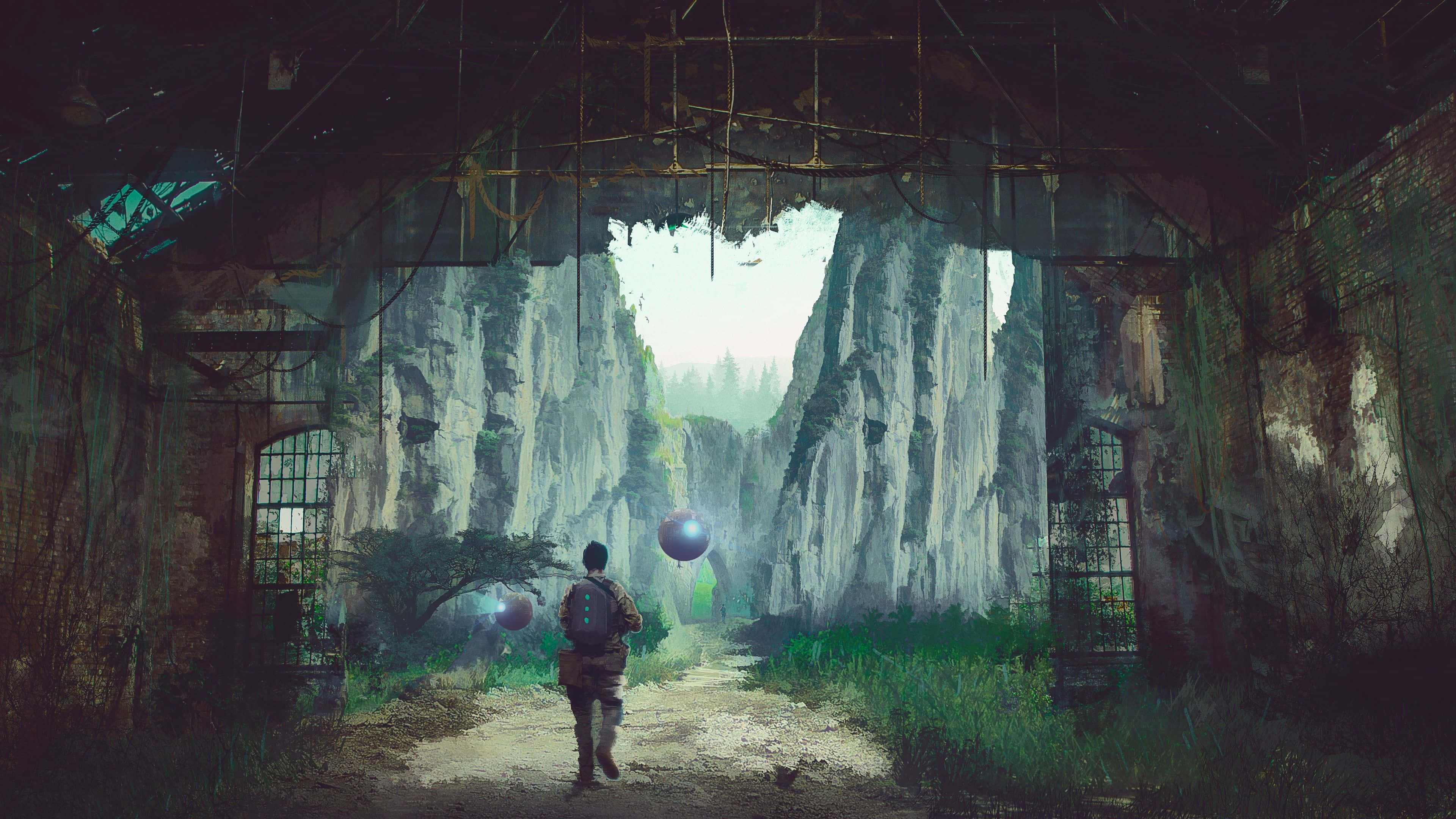 Trippy Astronaut In Space, crumbling ruin, glowing alien landscape, 4K Desktop Wallpaper