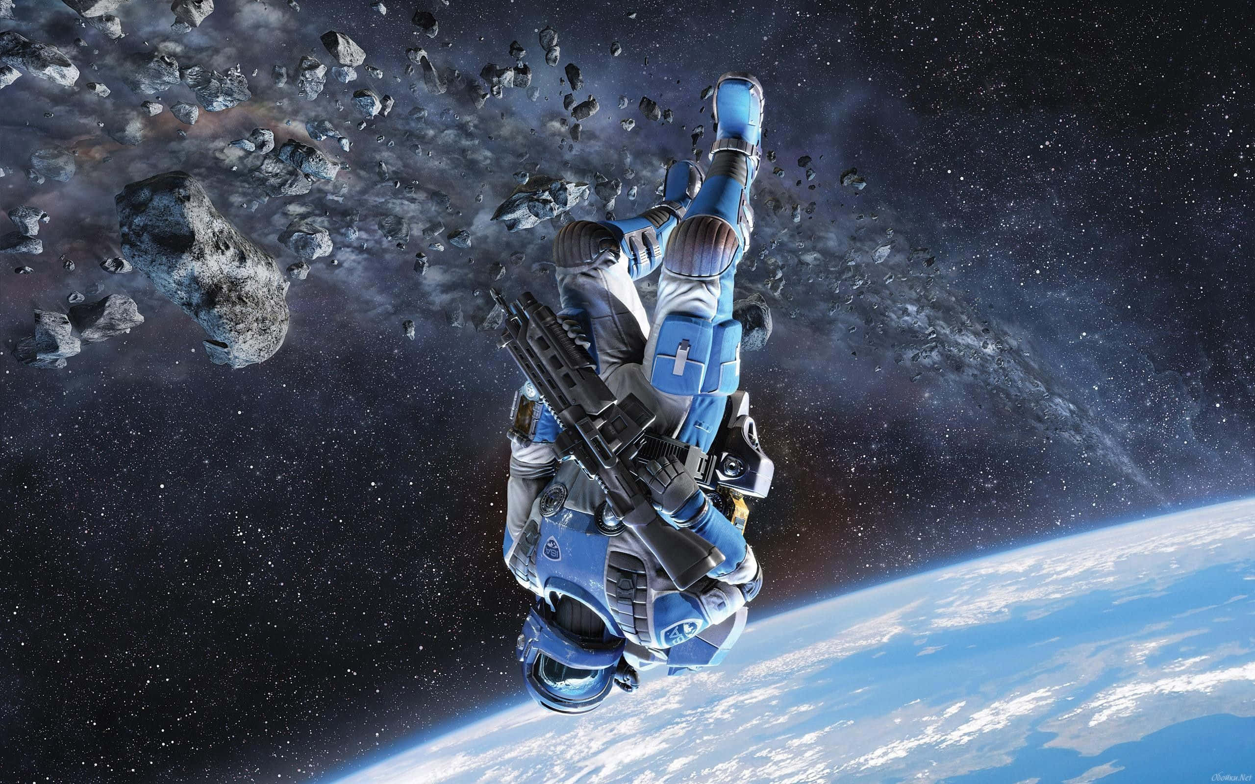 blue armored astronaut, zero gravity, floating asteroids, 2K Desktop Wallpaper