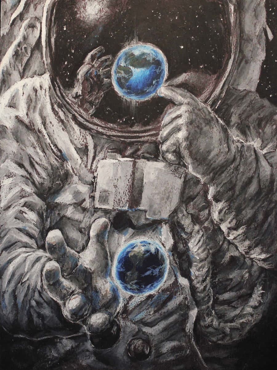 Trippy Astronaut In Space, textured suit, glowing blue Earths, SD Phone Wallpaper