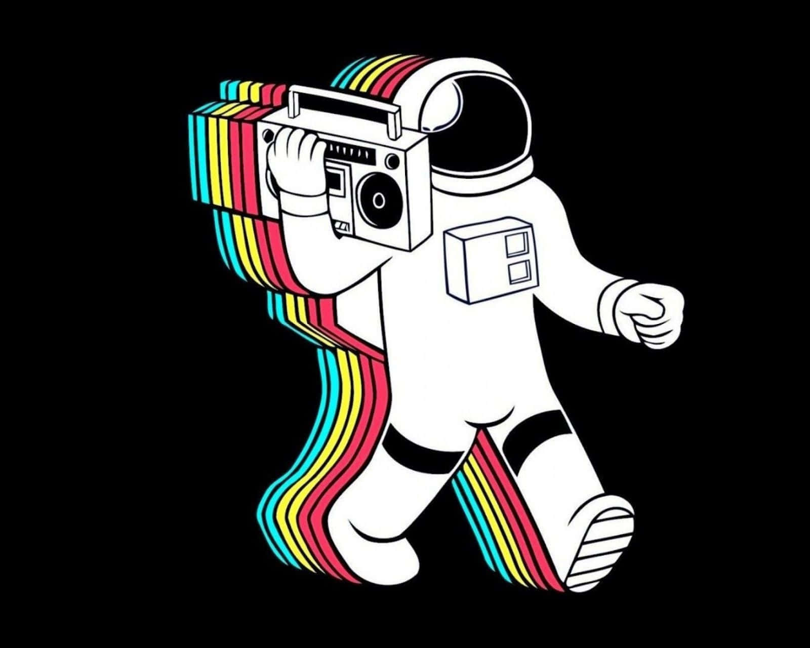 Trippy Astronaut In Space, boombox, rainbow-colored sound waves, HD Desktop Wallpaper