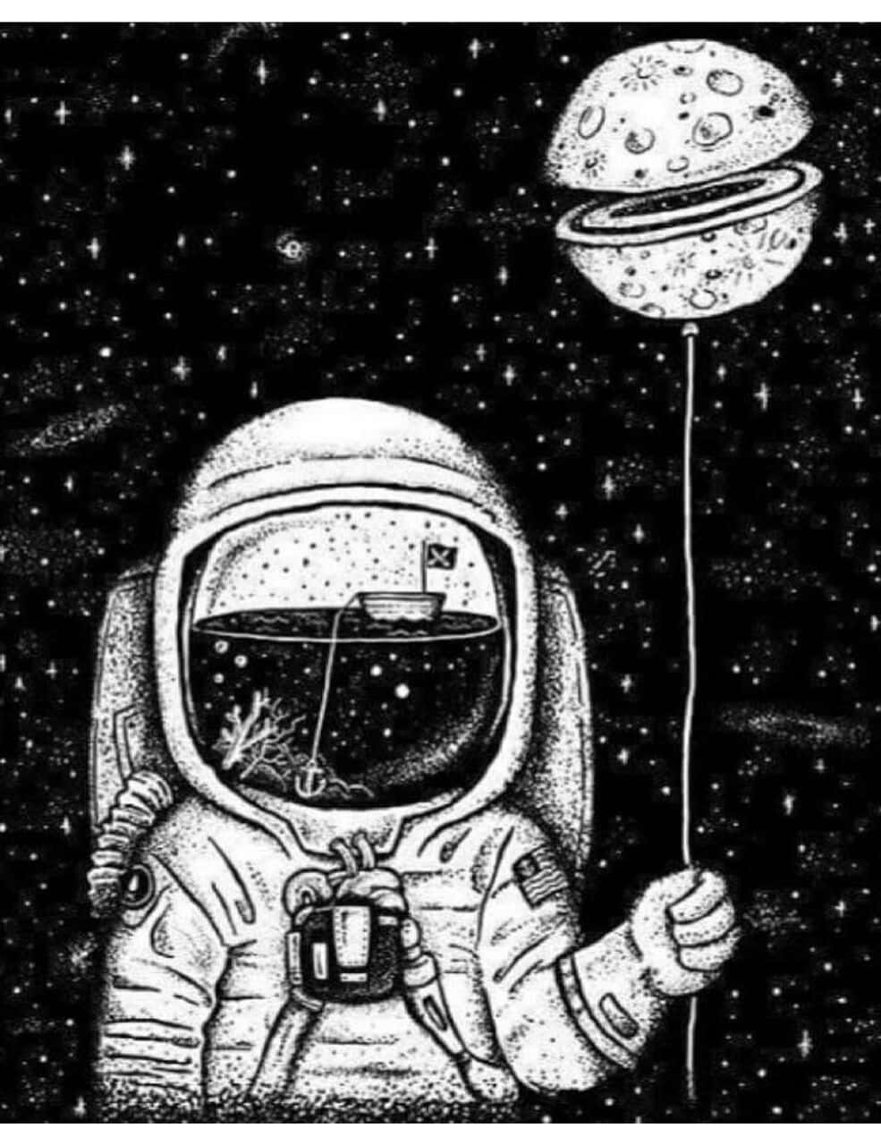 Trippy Astronaut In Space, moon-shaped balloon, tiny boat, HD Phone Wallpaper