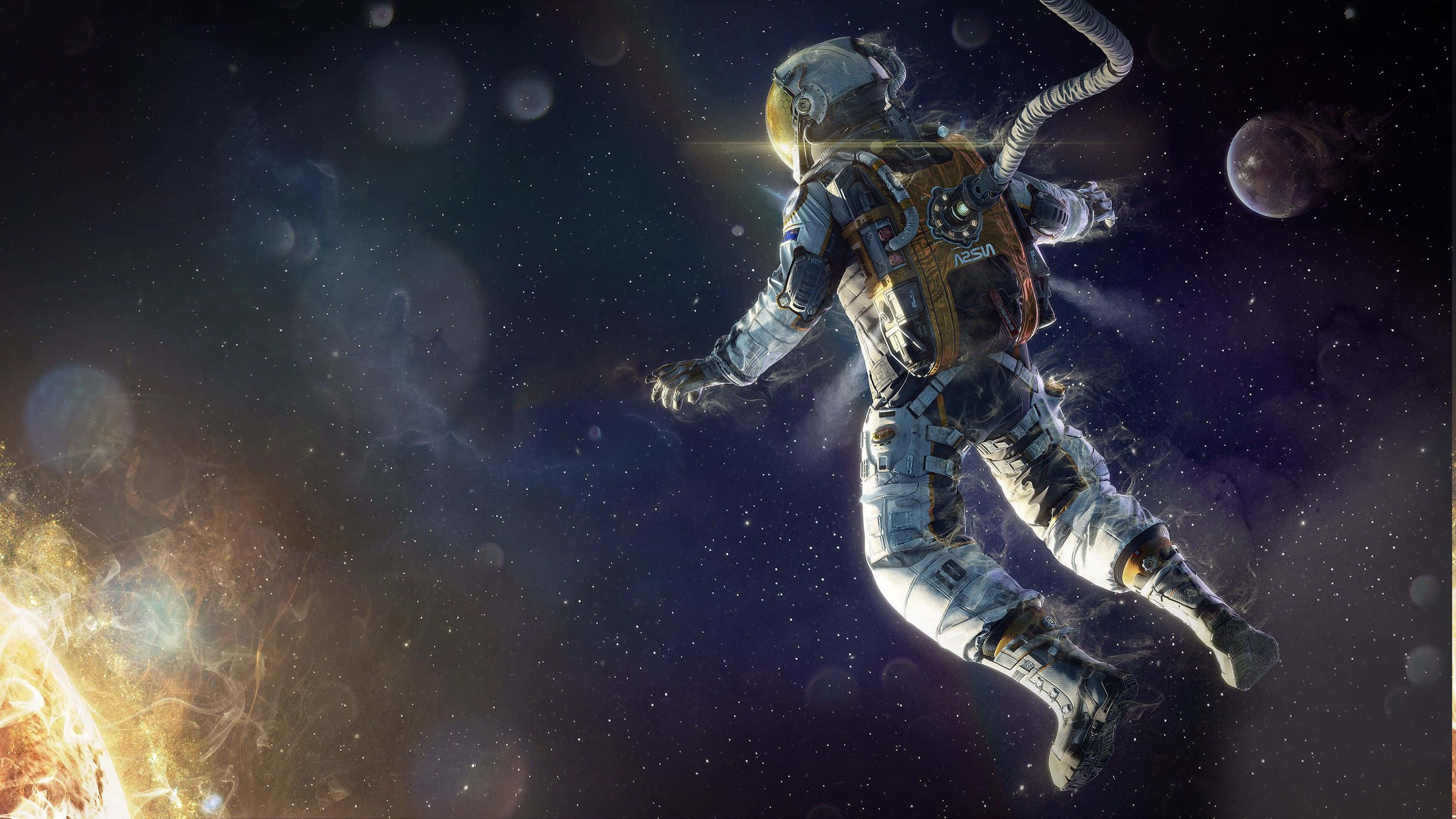Trippy Astronaut In Space, deep space, fiery sun, 2K Desktop Wallpaper