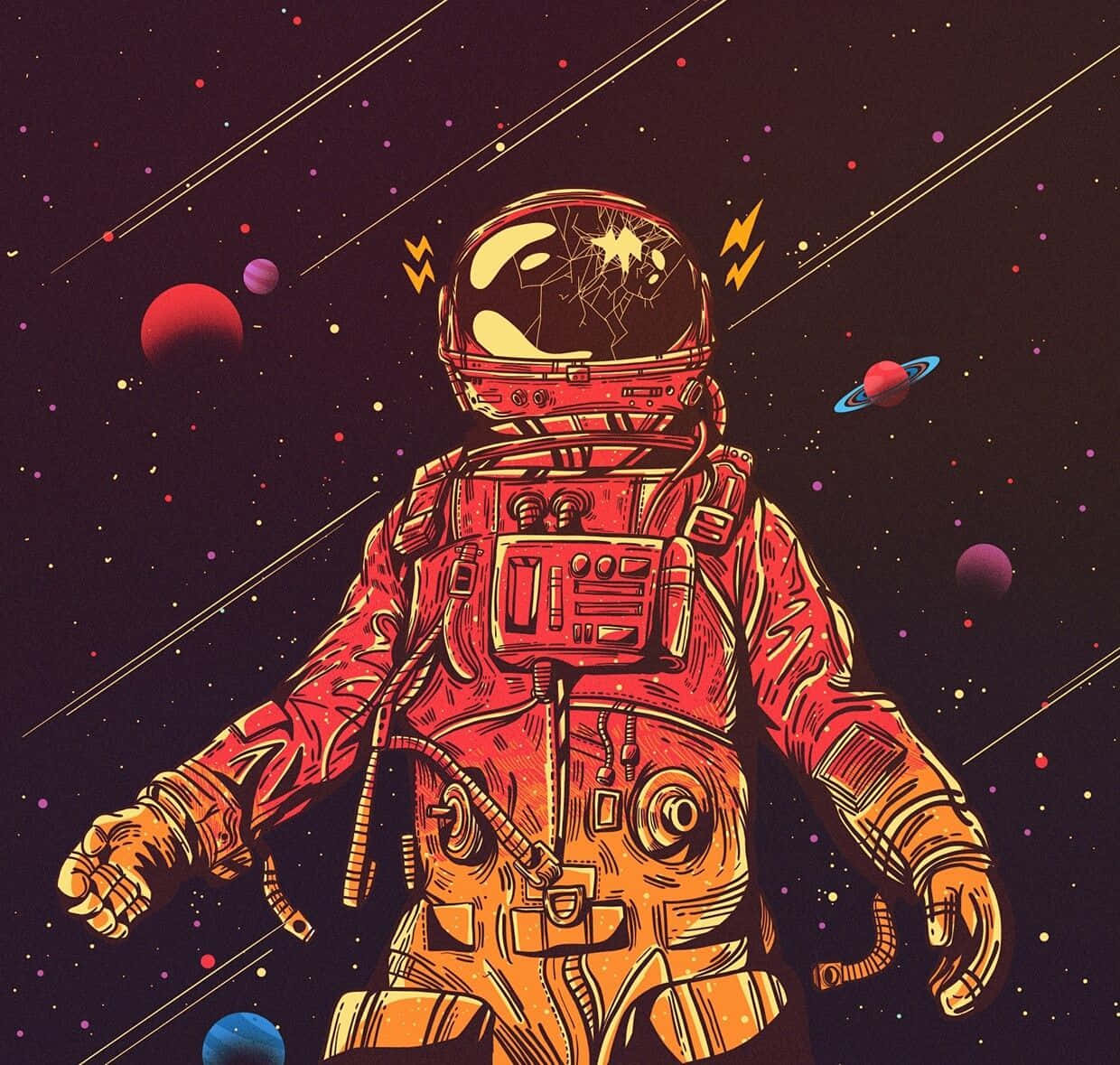 Trippy Astronaut In Space, cracked helmet, red and orange astronaut, SD Desktop Wallpaper