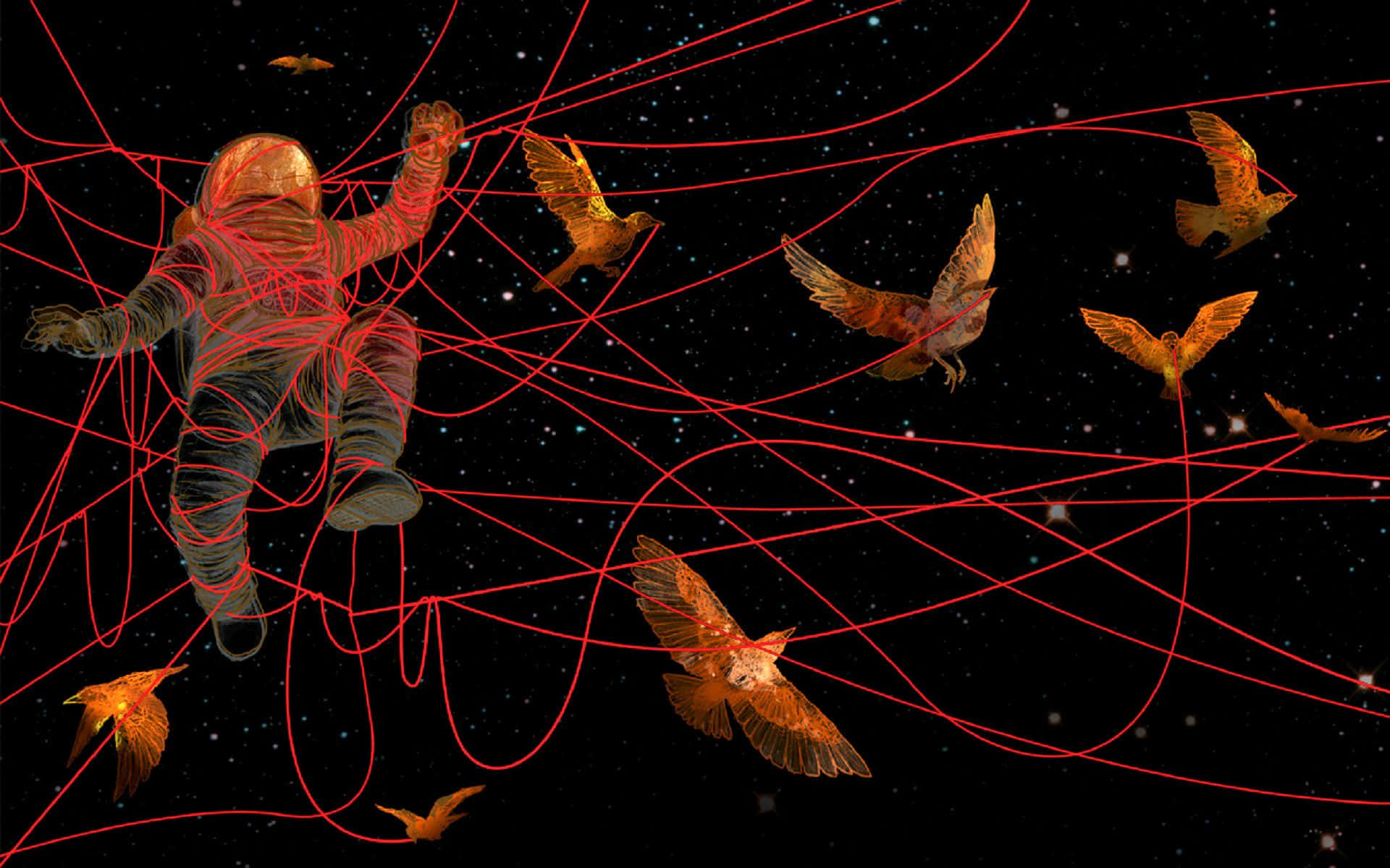 Trippy Astronaut In Space, glowing red wires, golden birds, Full HD Desktop Wallpaper