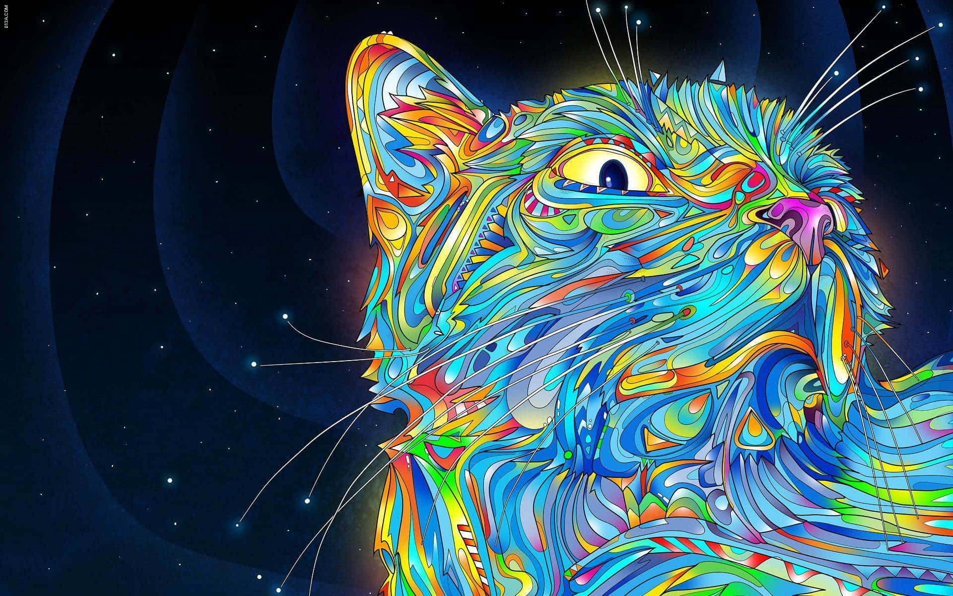 Trippy Blue, psychedelic cat, swirling rainbow patterns, Full HD Desktop Wallpaper