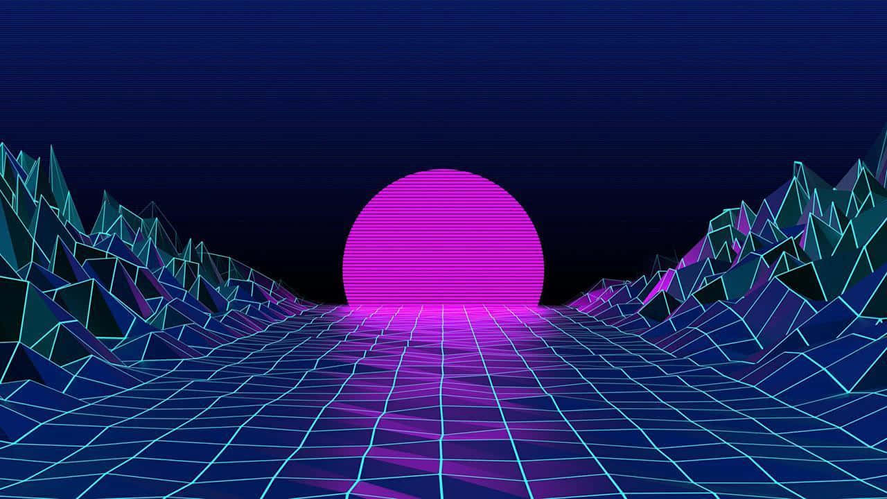 Trippy Blue, neon pink sun, geometric blue mountains, HD Desktop Wallpaper