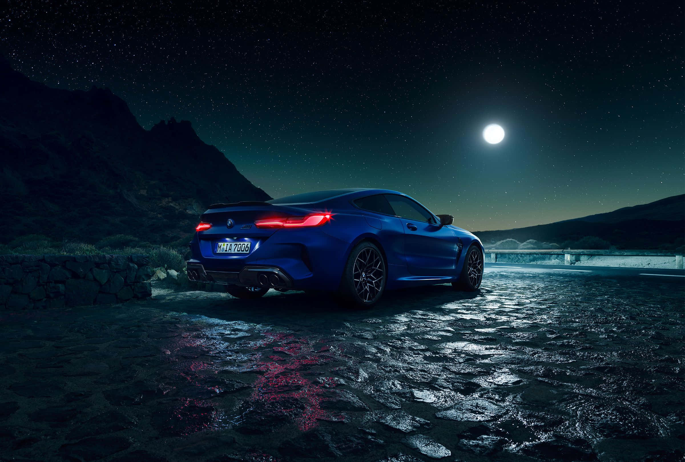 blue sports car, full moon, wet cobblestone road, Full HD Desktop Wallpaper