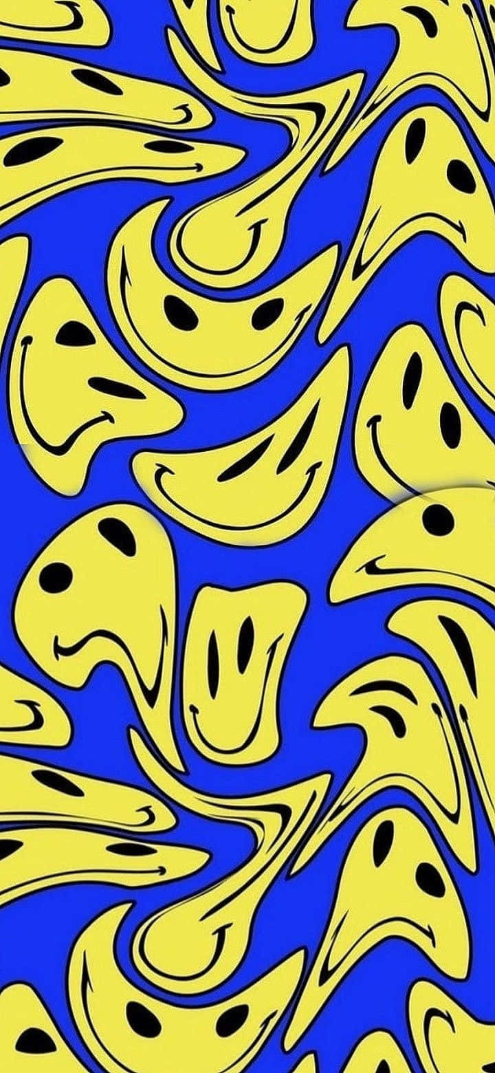 Trippy Blue, yellow smiley faces, psychedelic swirling pattern, HD Phone Wallpaper