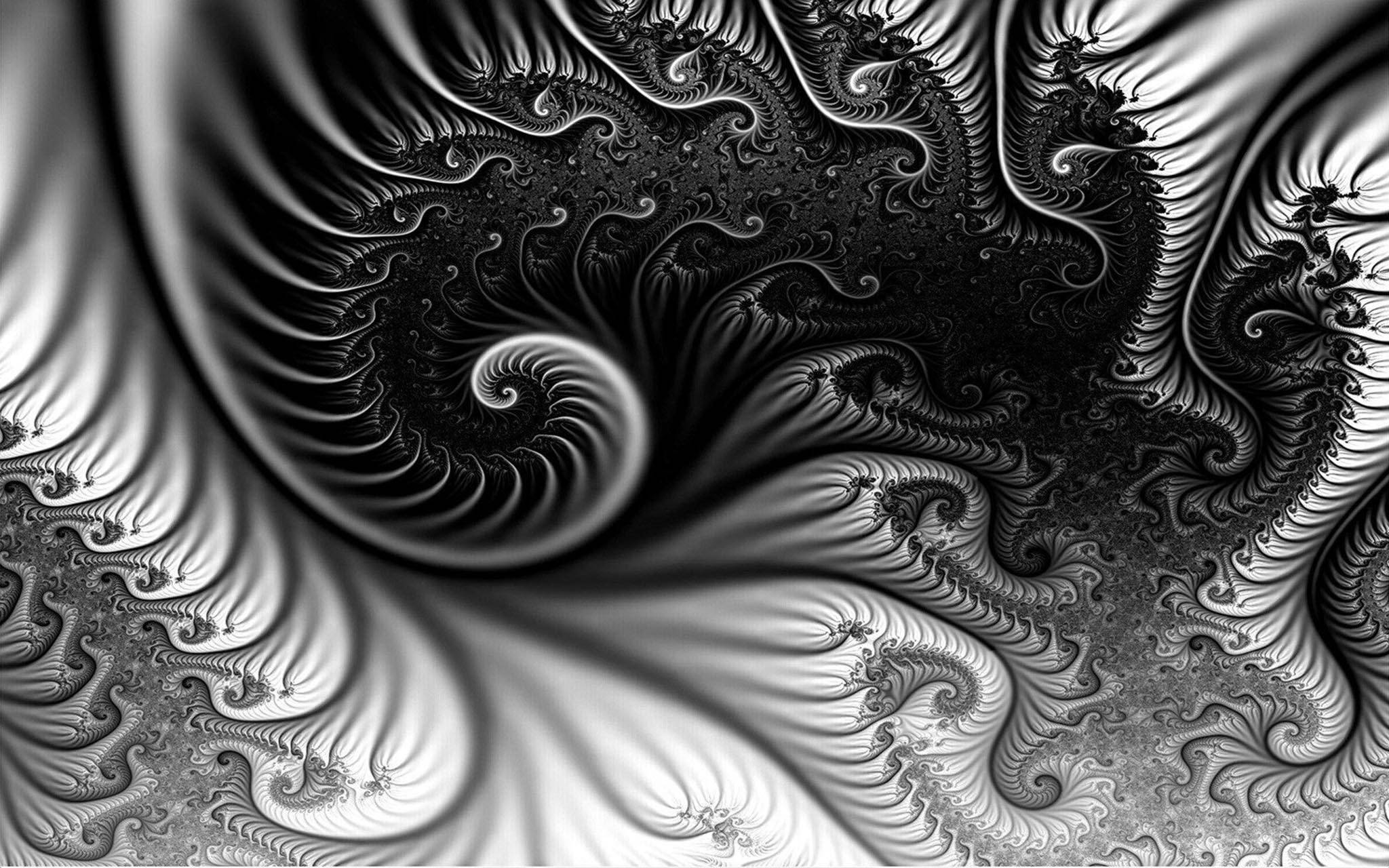 Trippy Dark Aesthetic, black and white fractal pattern, mesmerizing detail, Full HD Desktop Wallpaper