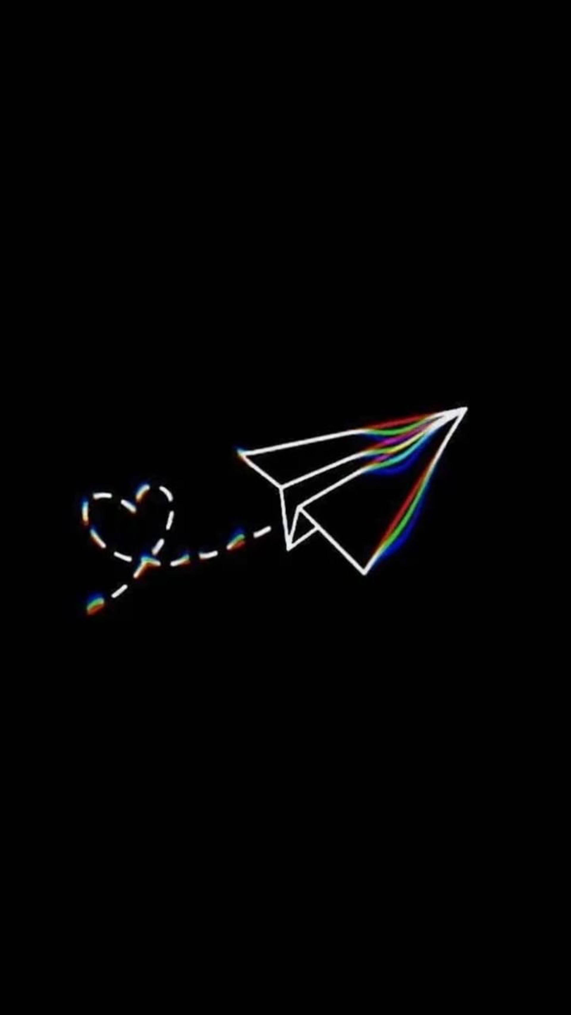 Trippy Dark Aesthetic, glowing paper airplane, rainbow prism trails, 2K Phone Wallpaper