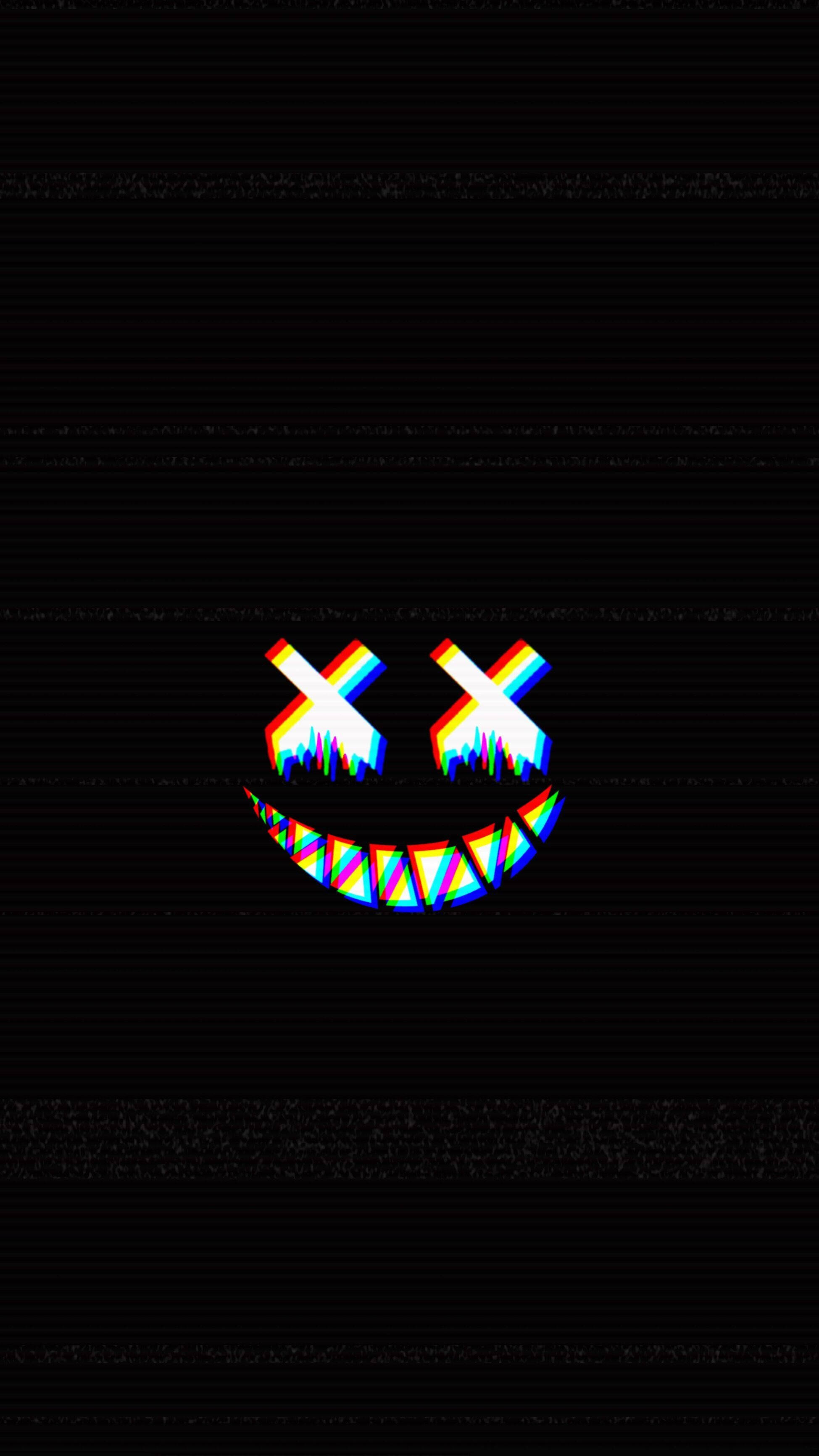 Trippy Dark Aesthetic, glitchy rainbow smiley face, X eyes, 2K Phone Wallpaper