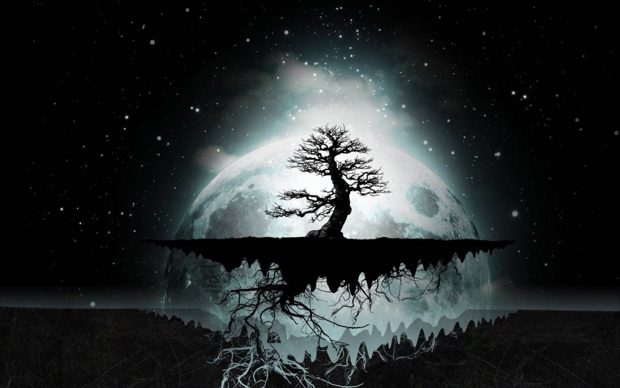 Trippy Dark Aesthetic, moon, floating island, Full HD Desktop Wallpaper