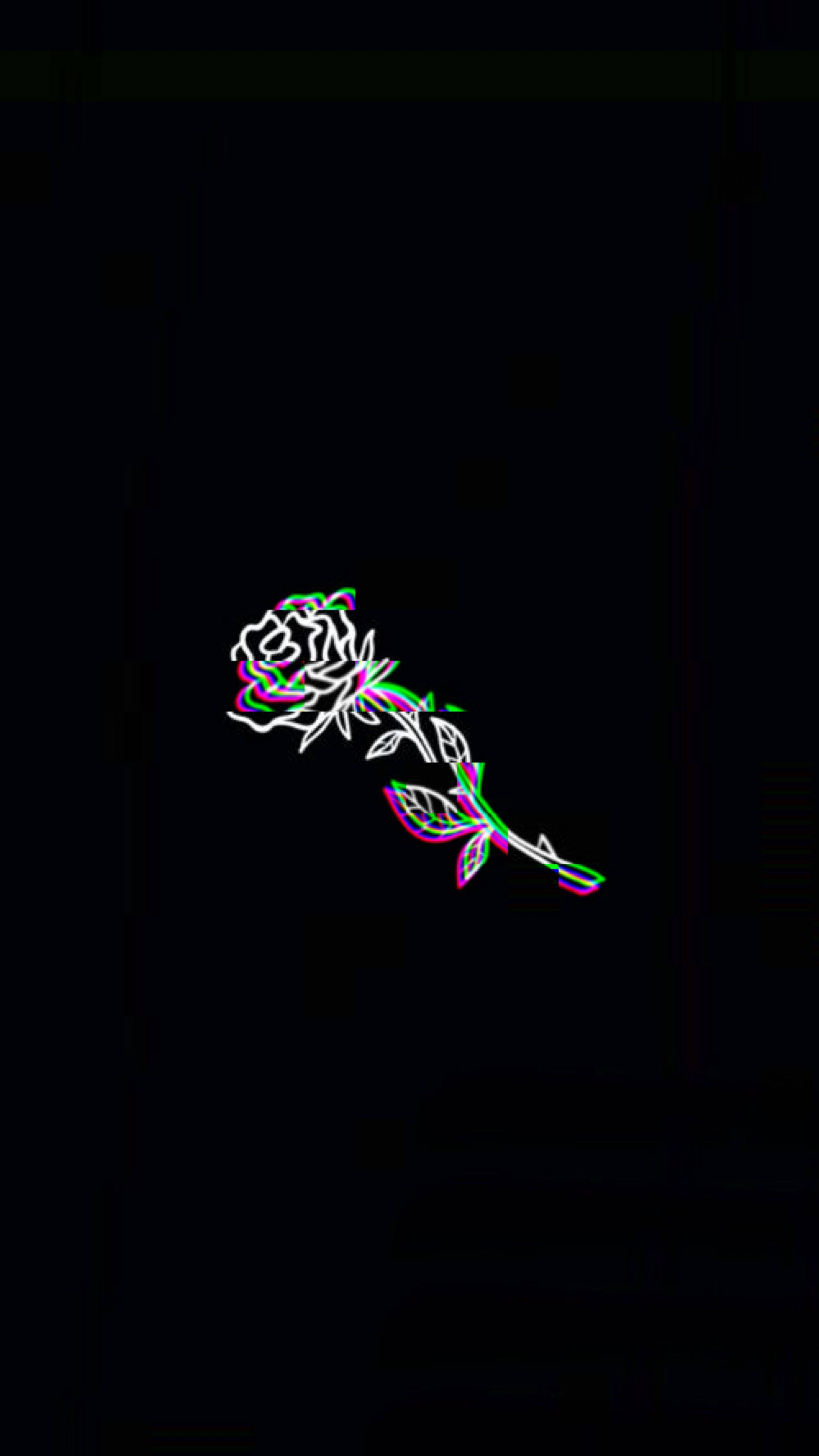 neon rose, white green and pink outlines, pitch black background, 5K Phone Wallpaper