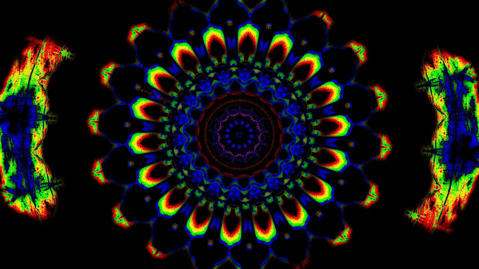 neon mandala, symmetrical fractal patterns, black background, Full HD Desktop Wallpaper