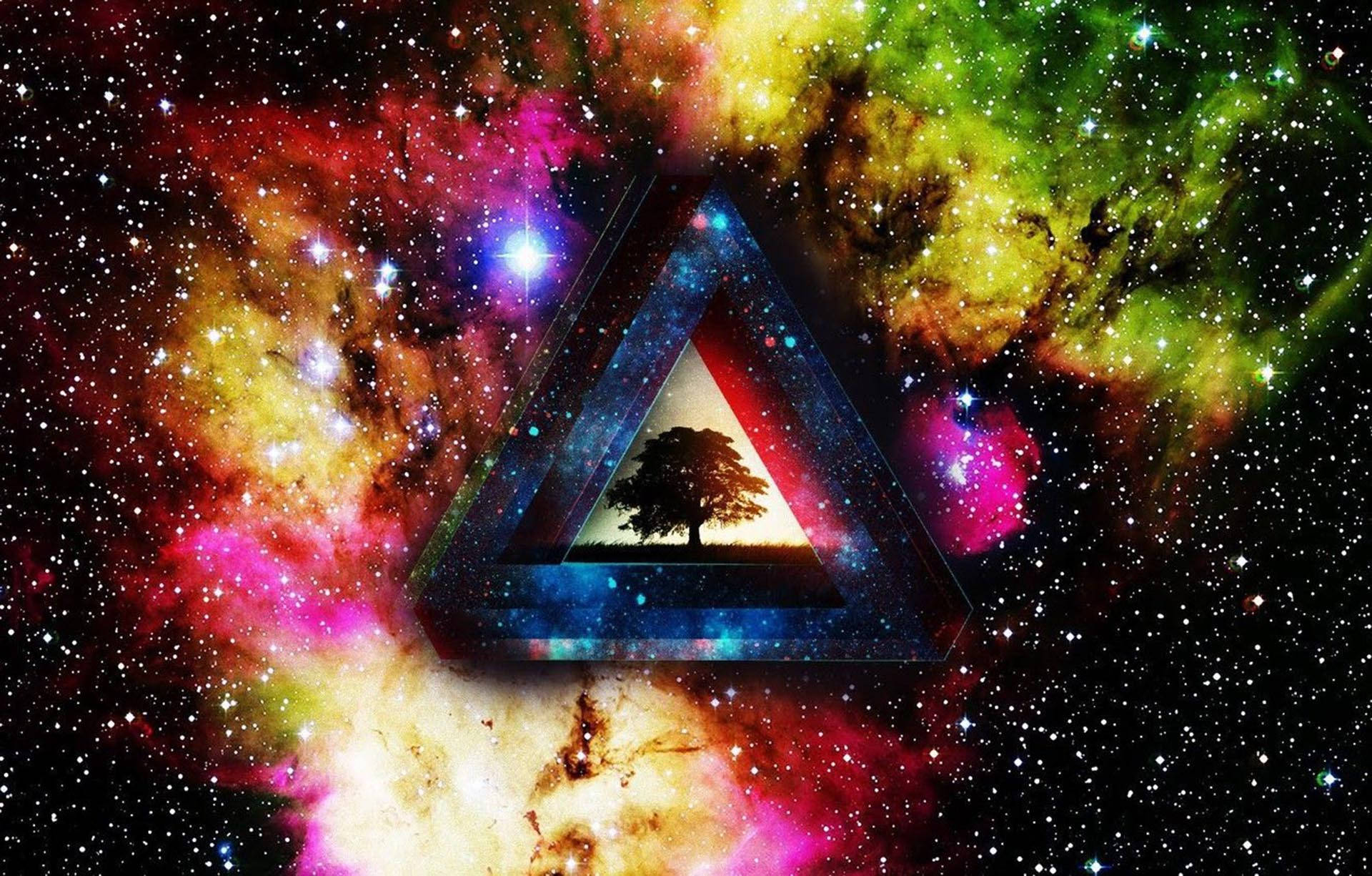 Trippy Dark Aesthetic Galaxy, lone tree silhouette, glowing triangular portal, Full HD Desktop Wallpaper