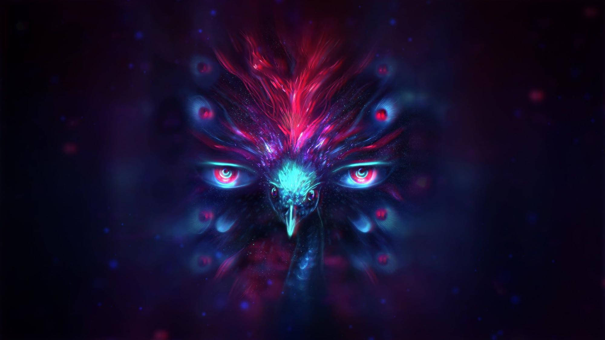 cosmic peacock, glowing eyes, neon feathers, Full HD Desktop Wallpaper