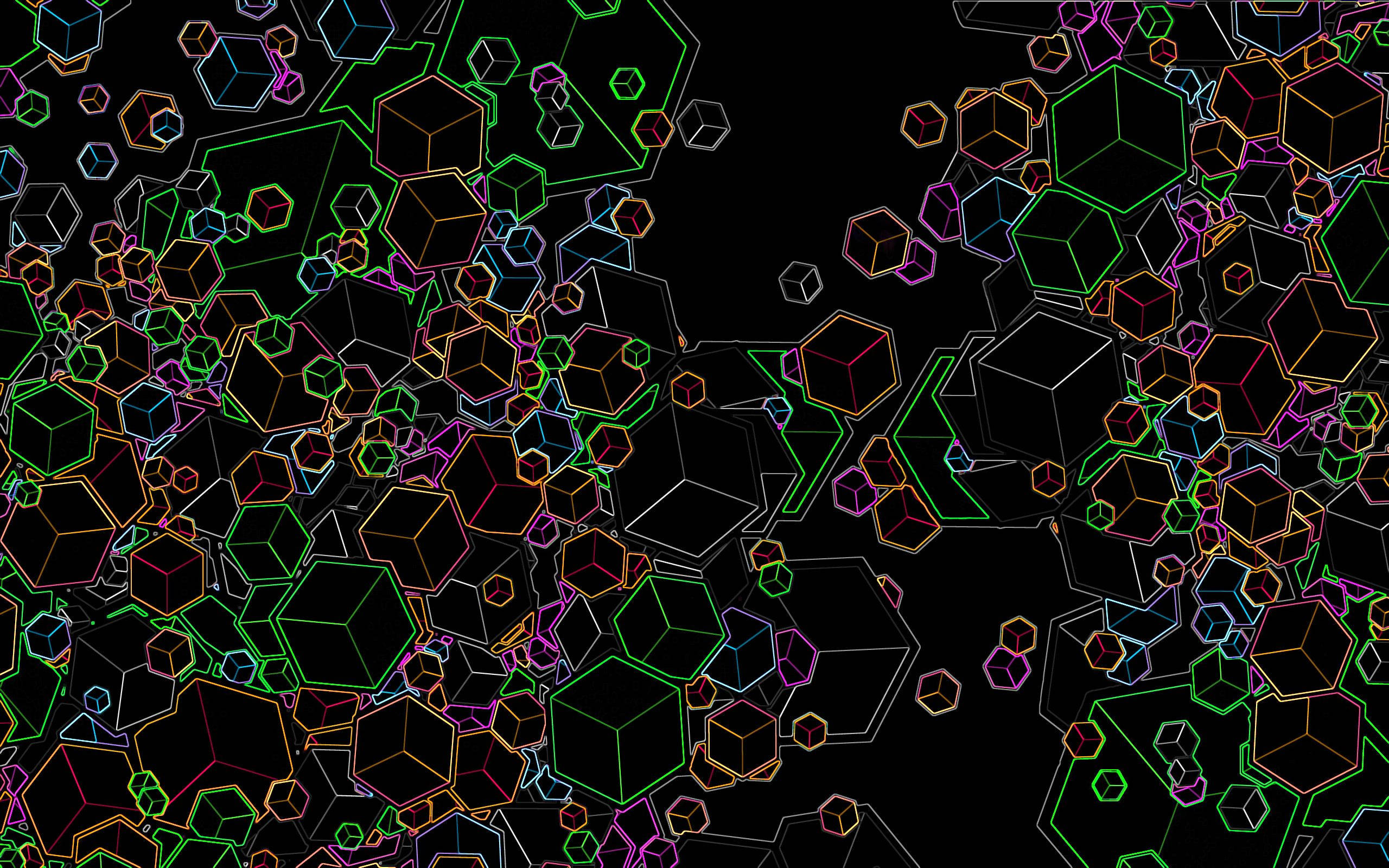 neon cubes, black void, digital abstract composition, 2K Desktop Wallpaper