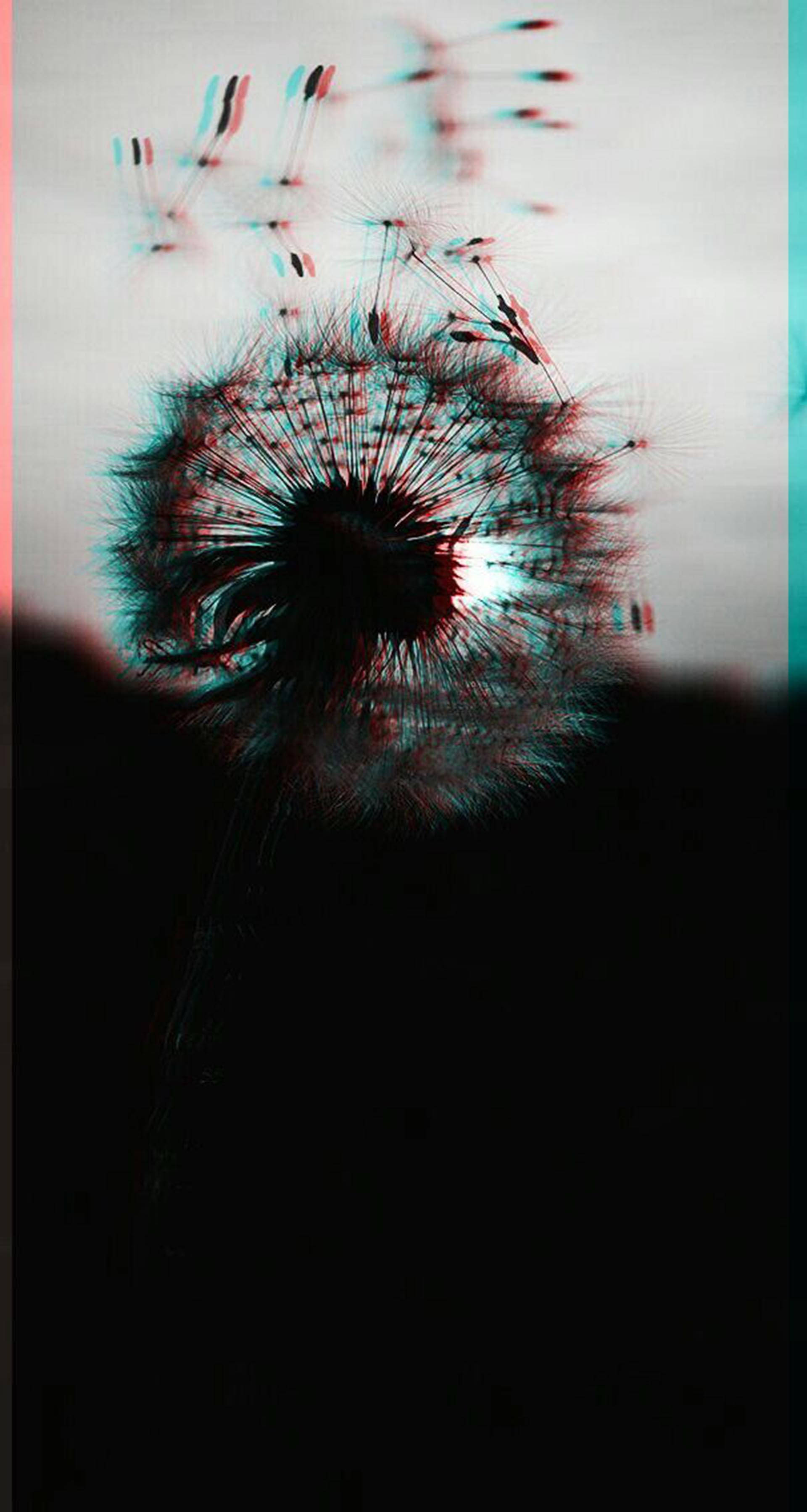 Trippy Dark Aesthetic, dandelion seed head, glitchy red and cyan color distortion, 2K Phone Wallpaper