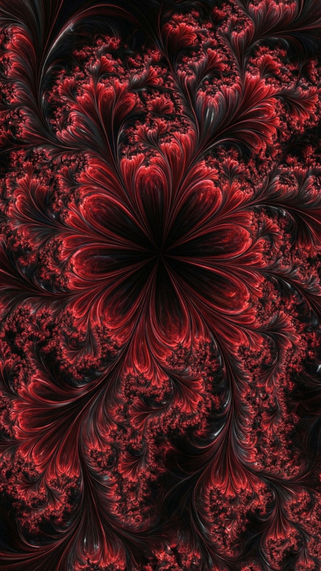 dark fractal bloom, fractal pattern, red and black organic shapes, Full HD Phone Wallpaper