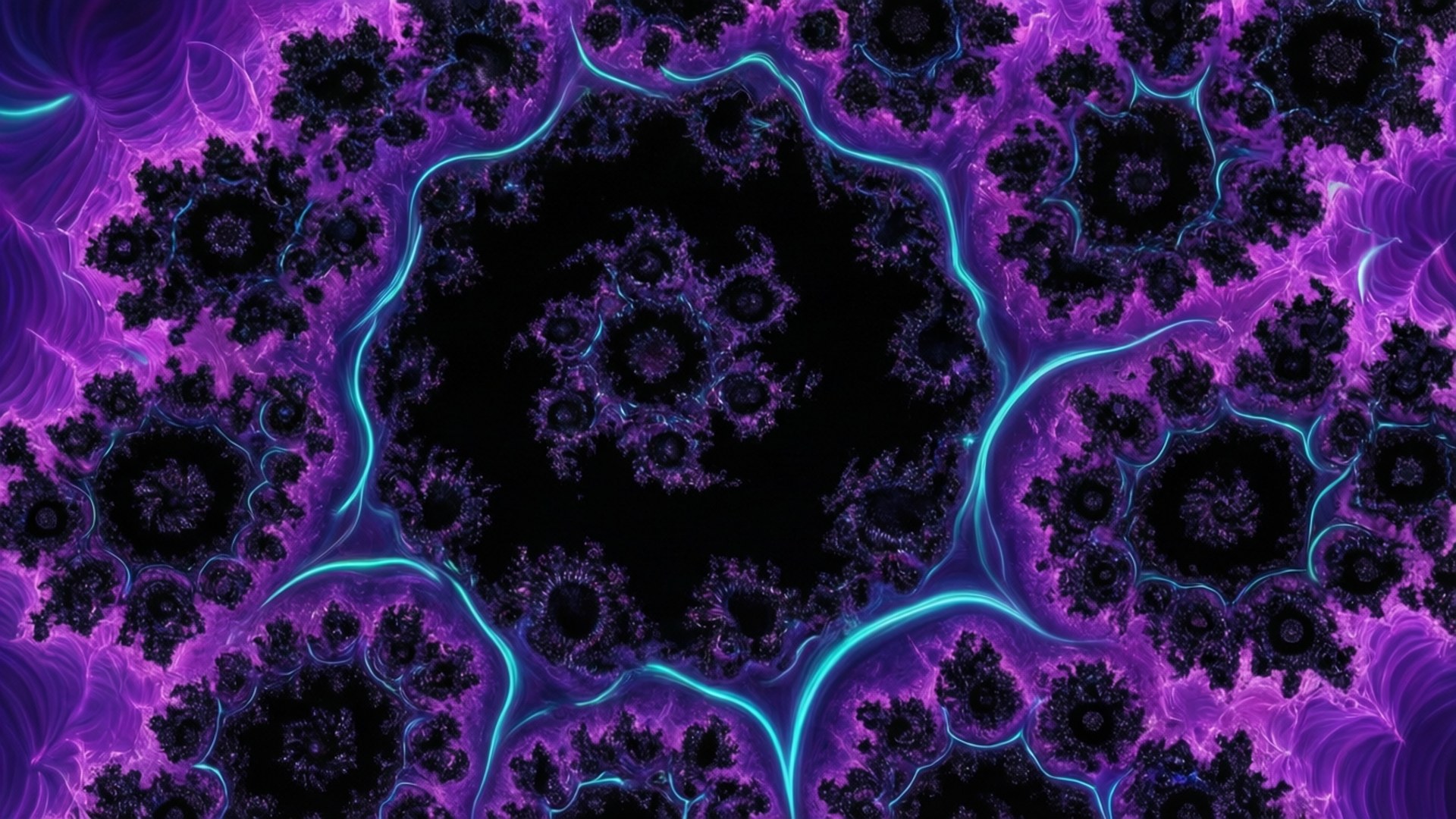fractal purple cyan, glowing cyan veins, central black void, Full HD Desktop Wallpaper