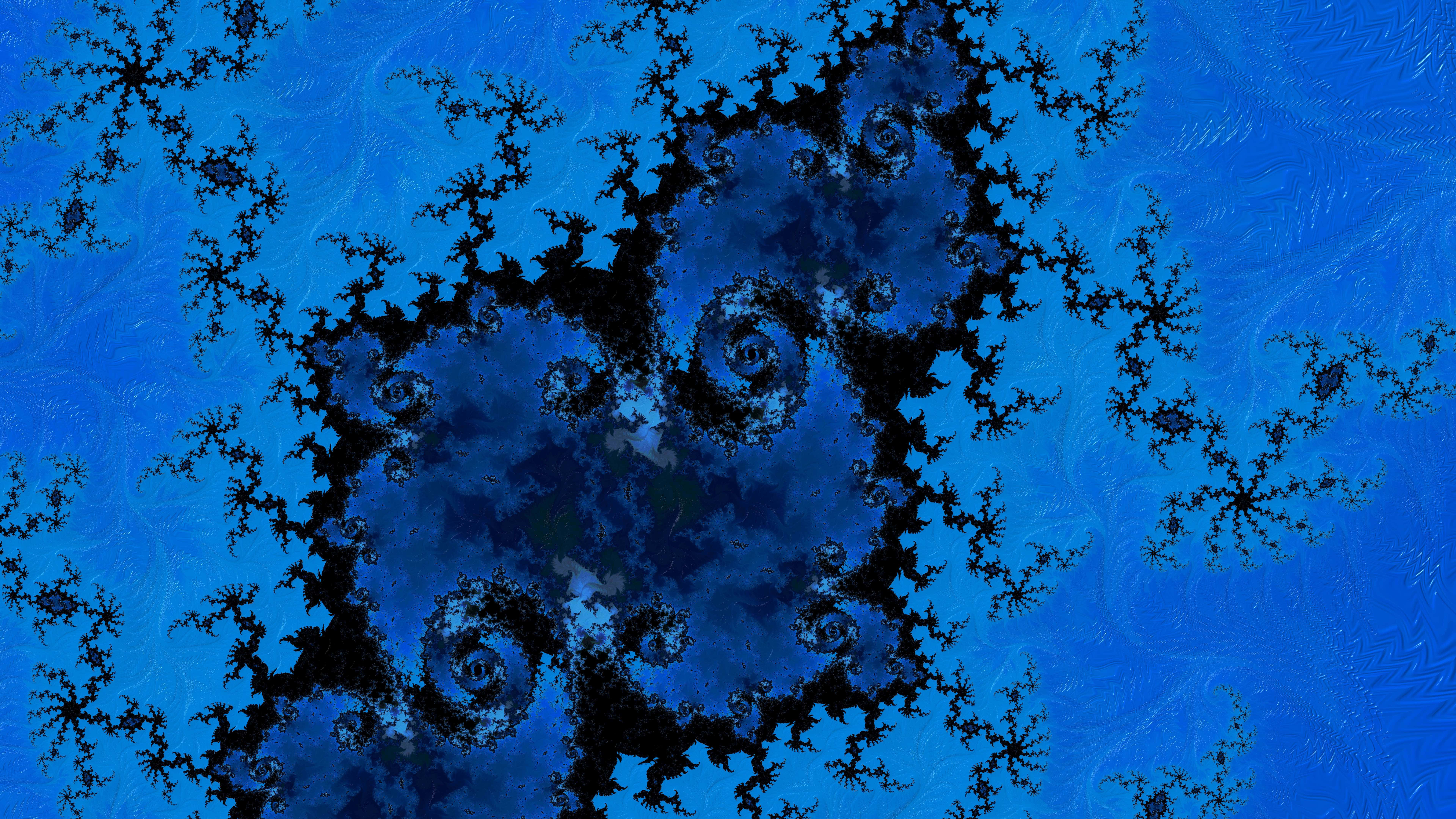 blue fractal abyss, intricate black spiral patterns, branching structures, 8K Desktop Wallpaper