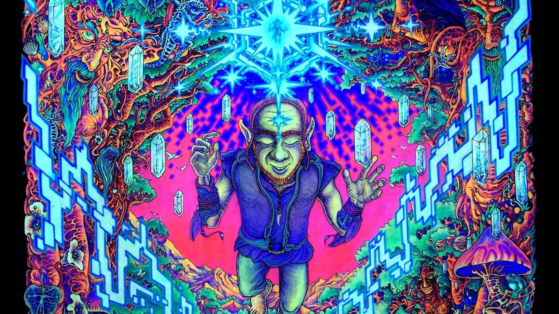 psychedelic illustration, smiling elf-like figure, glowing crystals, Full HD Desktop Wallpaper