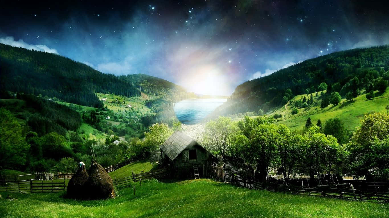 Trippy Desktop, rustic wooden cabin, lush green valley, HD Desktop Wallpaper