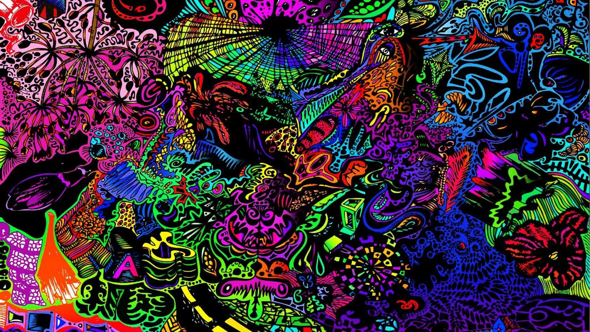 Trippy Desktop, neon hues, black background, Full HD Desktop Wallpaper