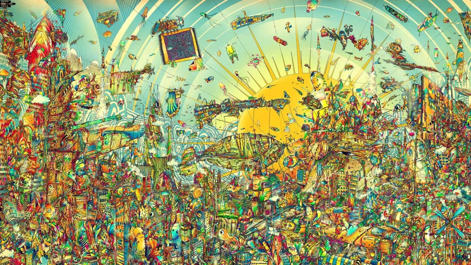 Trippy Desktop, surreal cityscape, flying objects, HD Desktop Wallpaper