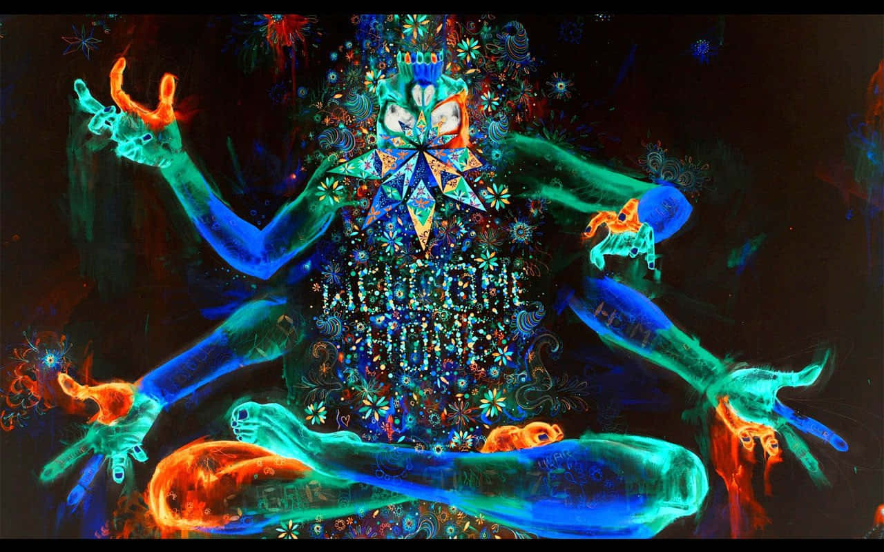 Trippy Desktop, neon figure, meditative pose, HD Desktop Wallpaper