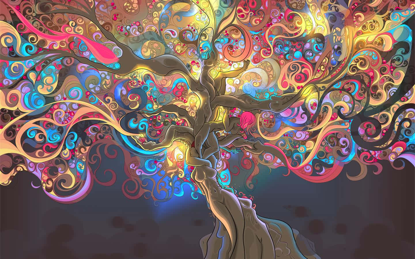 Trippy Desktop, surreal tree, swirling psychedelic leaves, HD Desktop Wallpaper