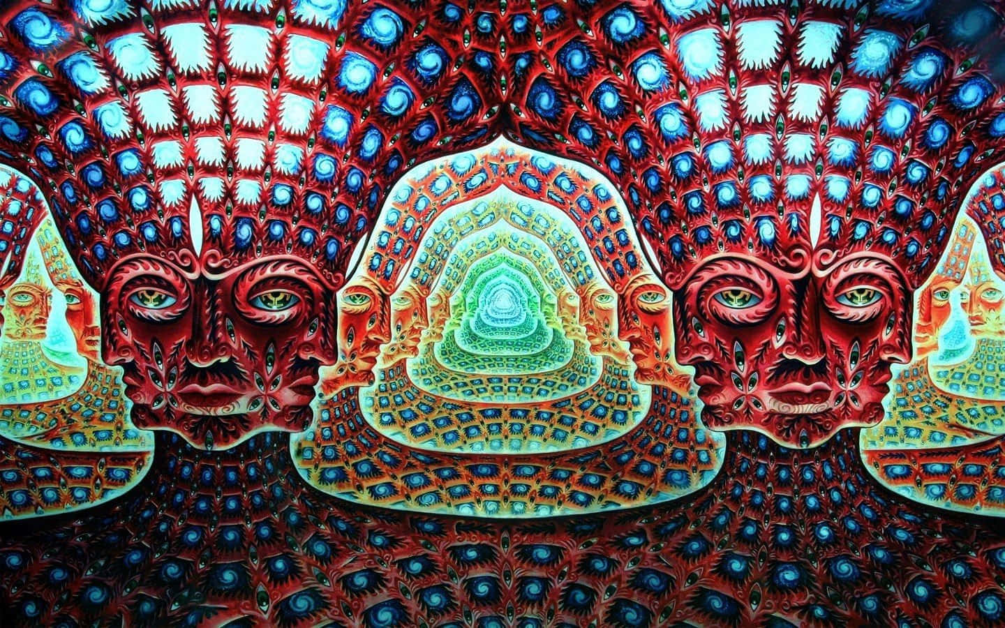 Trippy Desktop, red and blue faces, glowing green spiral tunnel, HD Desktop Wallpaper