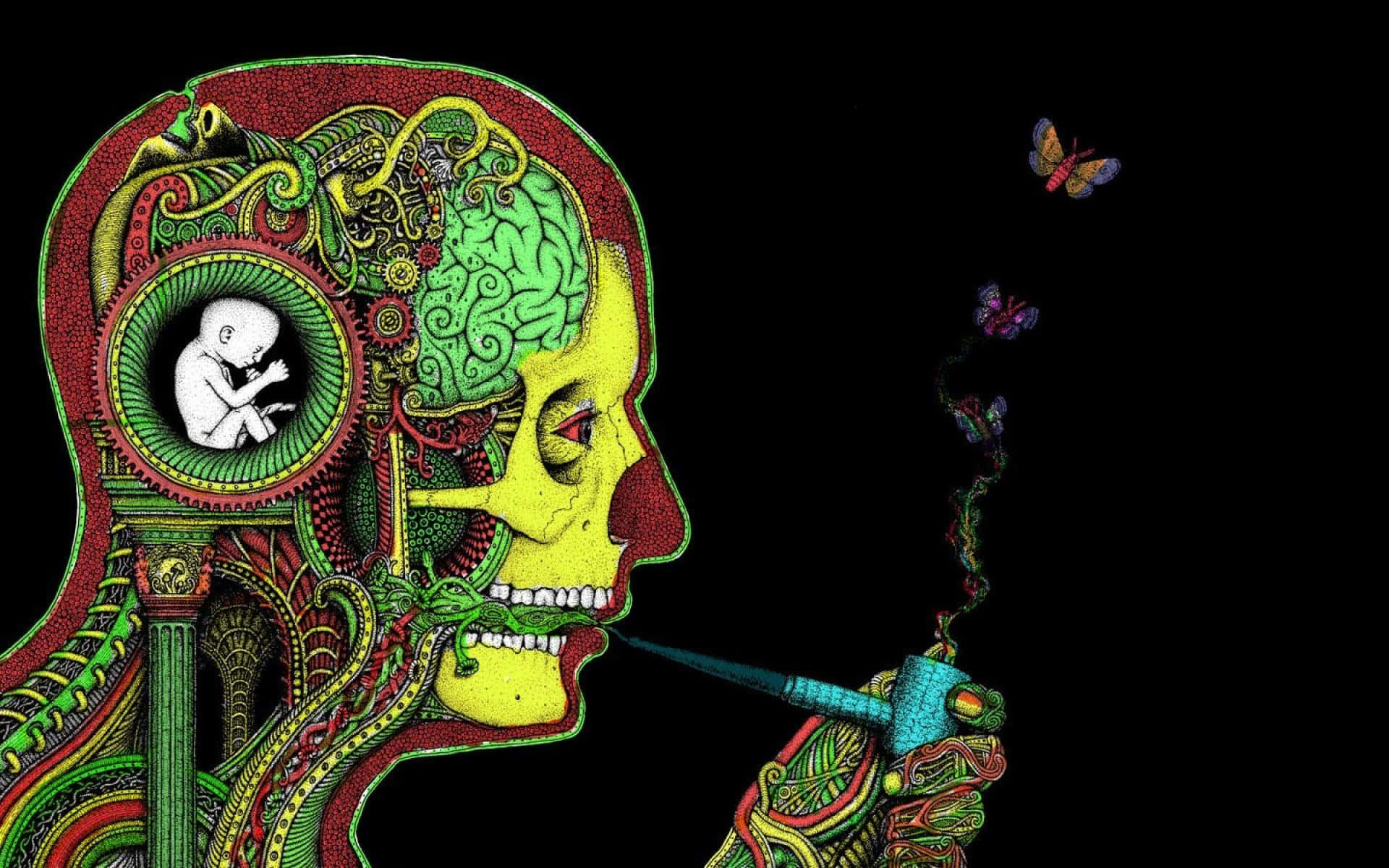 Trippy Desktop, green yellow and red patterns, fetus inside a gear, Full HD Desktop Wallpaper