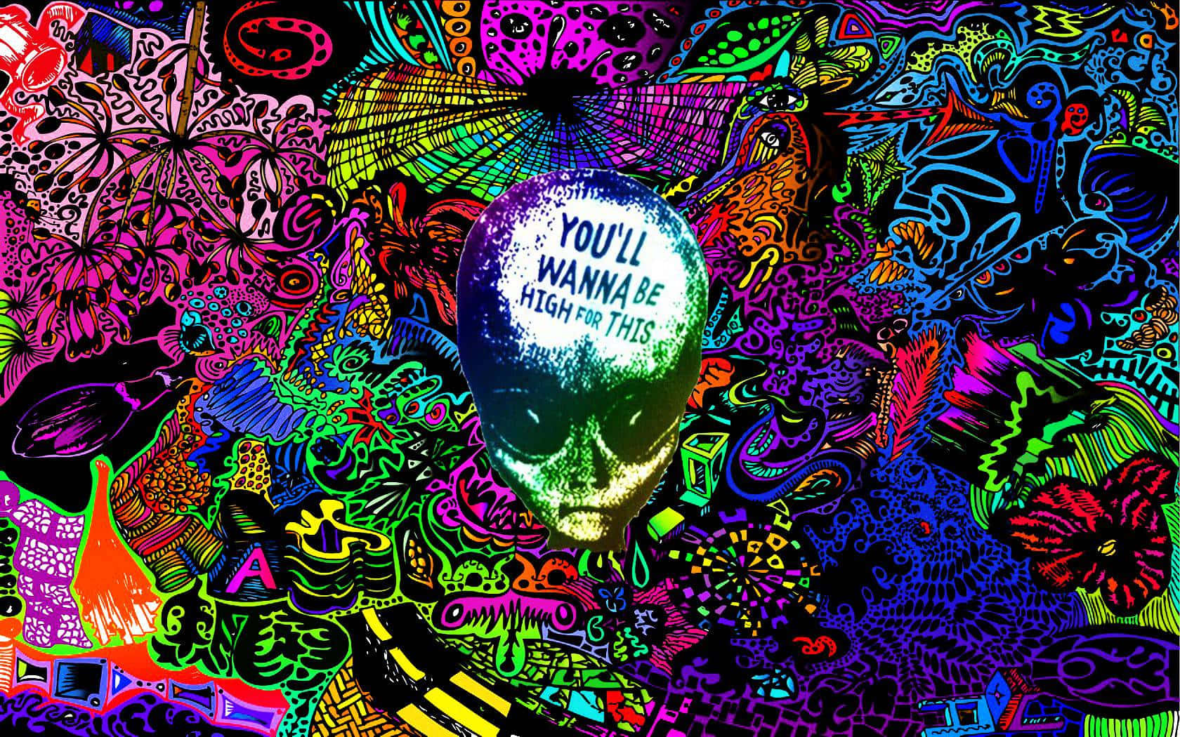 psychedelic alien head, glowing text, vibrant chaotic patterns, HD Desktop Wallpaper